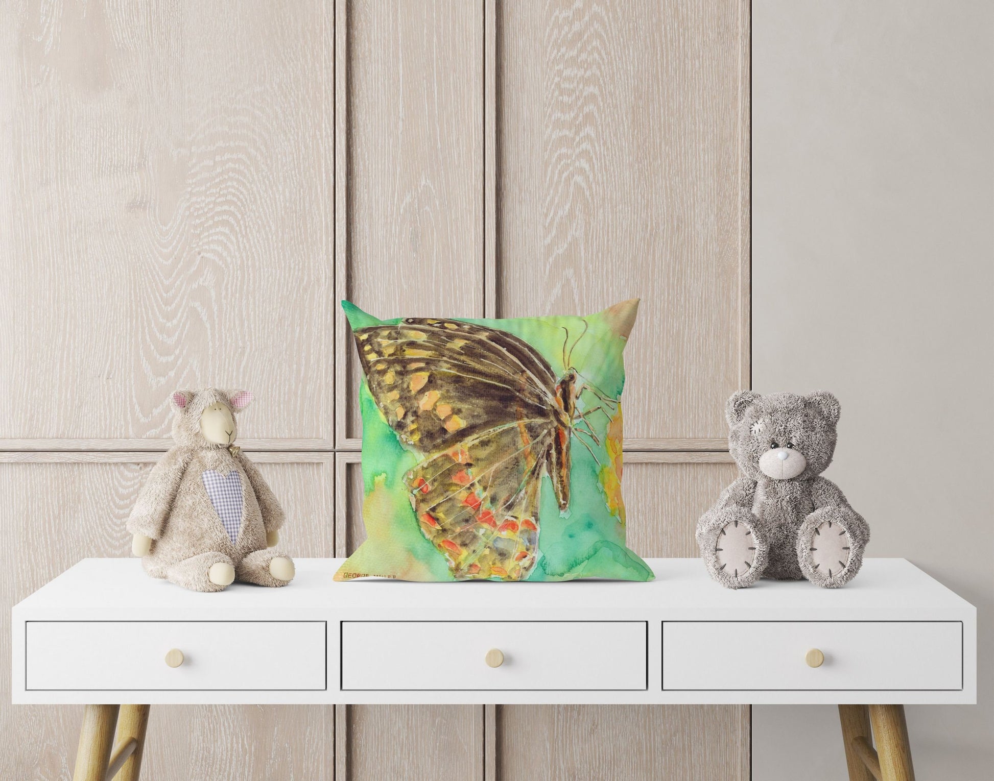 Butterfly Decorative Pillow, Spring Throw Pillow, GreenPillow Case, Watercolor Pillow Cases, Housewarming Gift, Indoor Pillow Cases