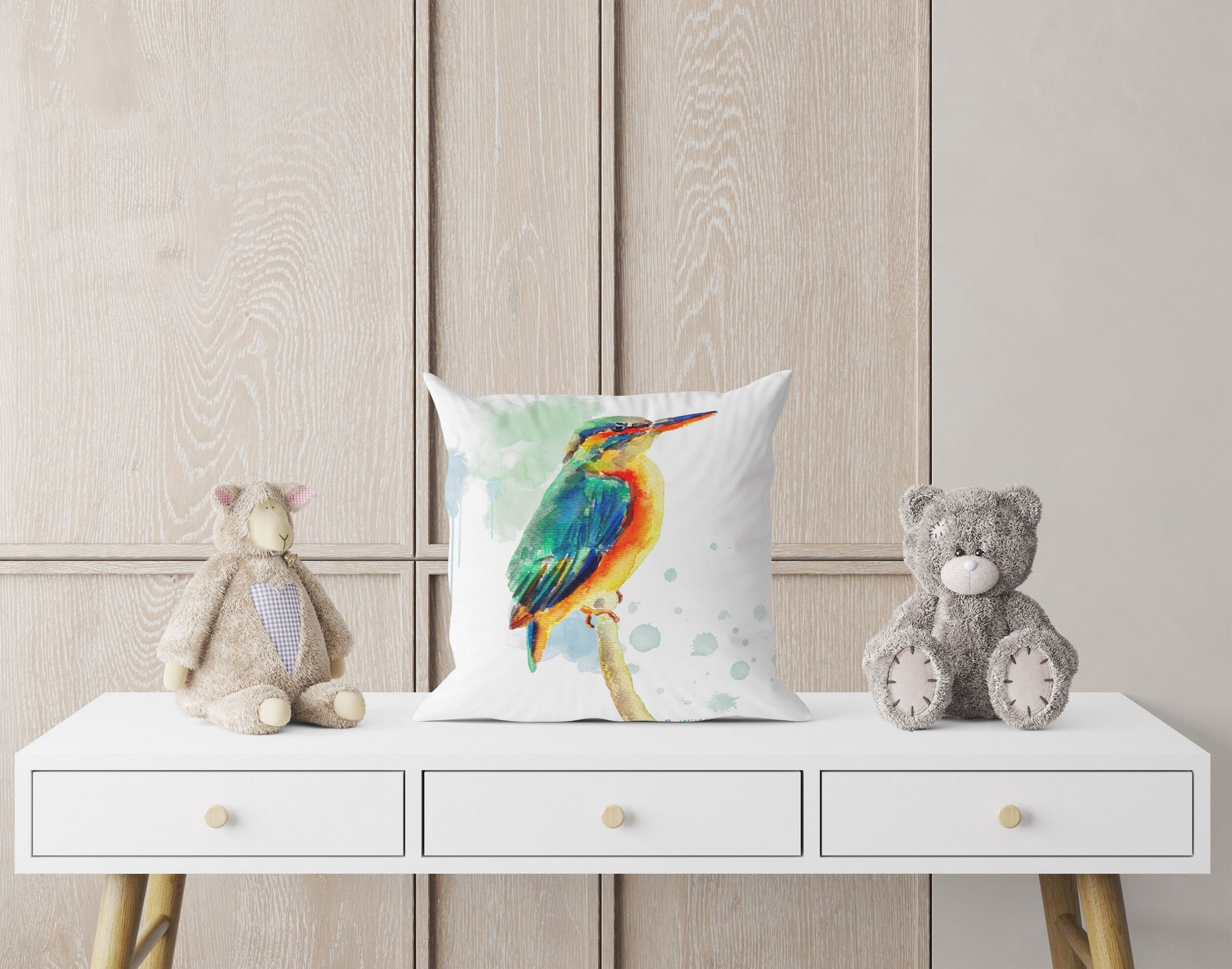 Kingfisher Decorative Pillow, Animal Pillow, Art Pillow, Bright Yellow Pillow, Watercolor Pillow Cases, Pillow Covers 20X20, Nursery Pillows