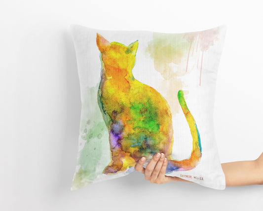 Colorful Cat Cute Pillow Cases, Pillow Cases For Kids, Animal Pillow, Artist Pillow, Green Pillow Cases, Watercolor Pillow Case