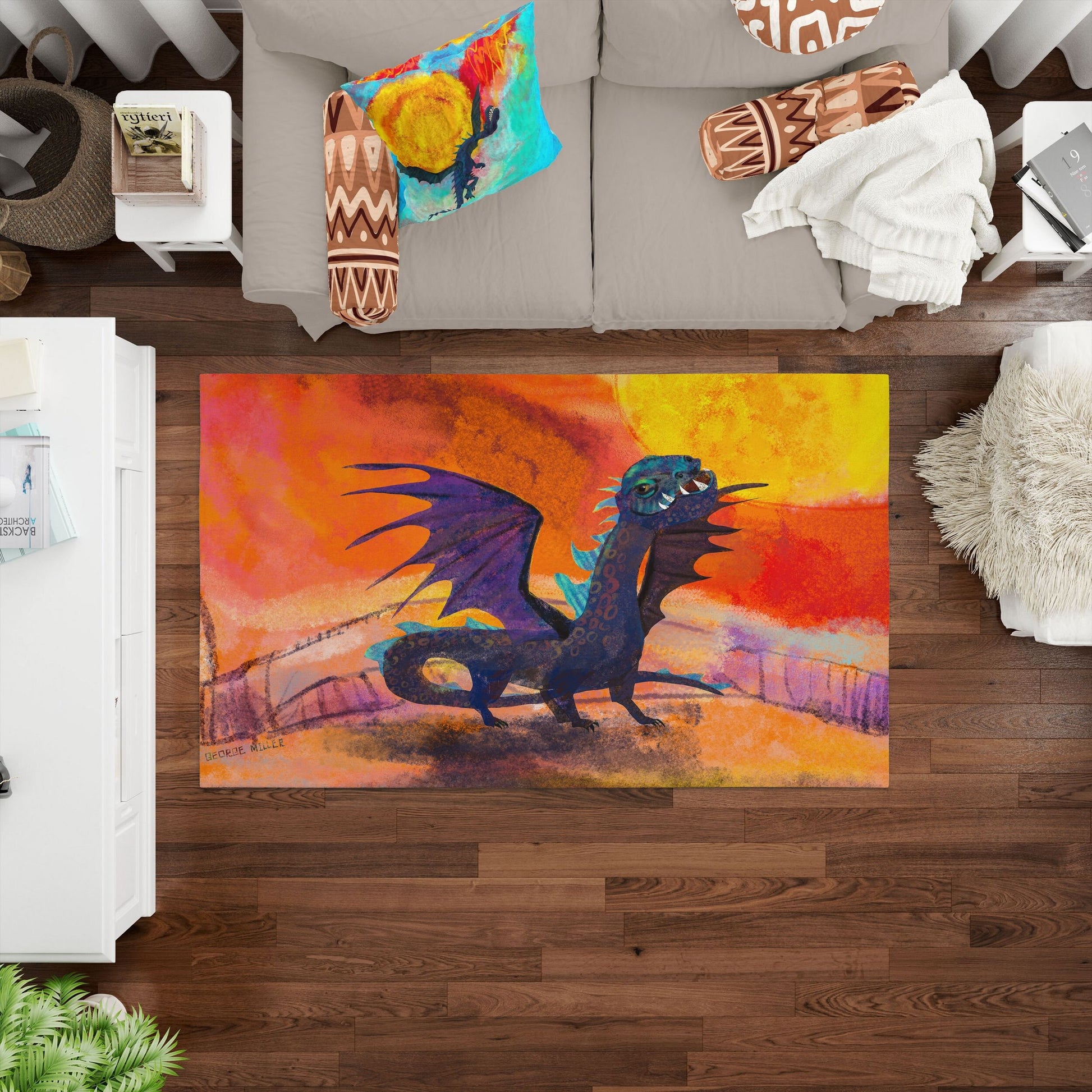 Kids Area Rug, Thick Carpet, Rectangle Rugs, Multi Color, Fire Breathing Dragon, Contemporary Rug, Gift For Her, Made In Usa, Flat Woven Rug