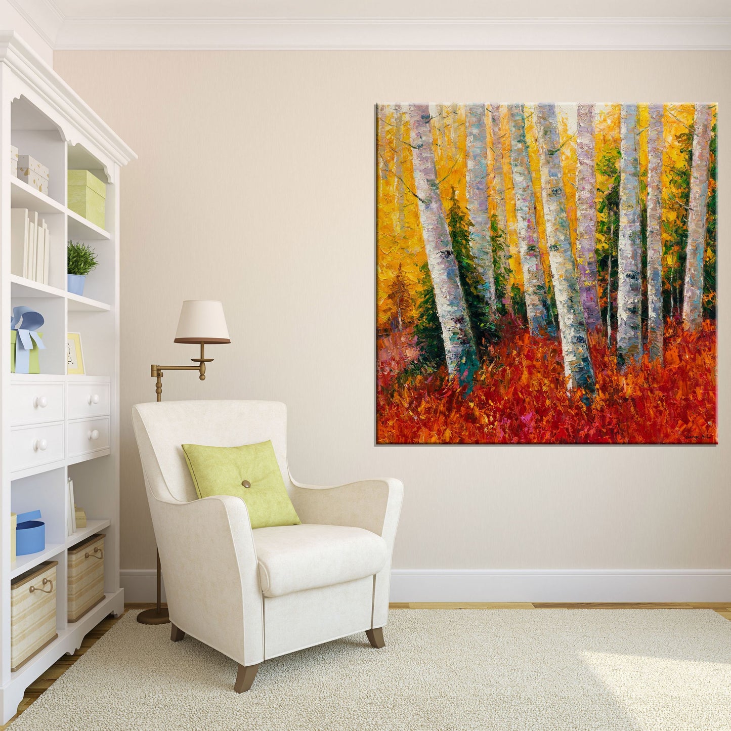 Oil Painting White Birch Trees Autumn, Landscape Wall Art, Large Canvas Art, Rustic Oil Painting, Textured Painting, Original Artwork