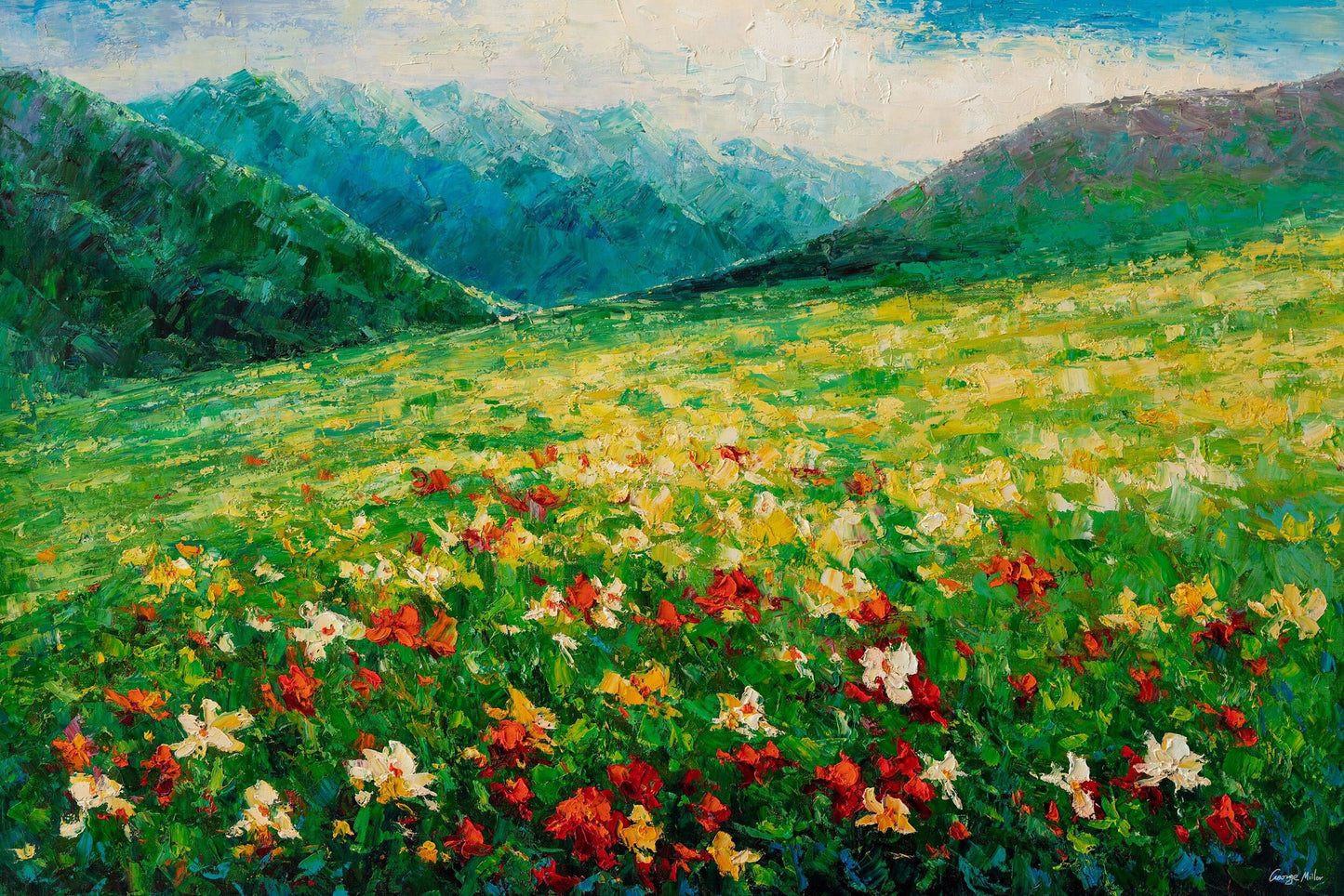 Ready to Hang Canvas Art: George Miller's Impasto Oil Painting of Spring Fields - Original Landscape Oil Paintings, Modern Painting