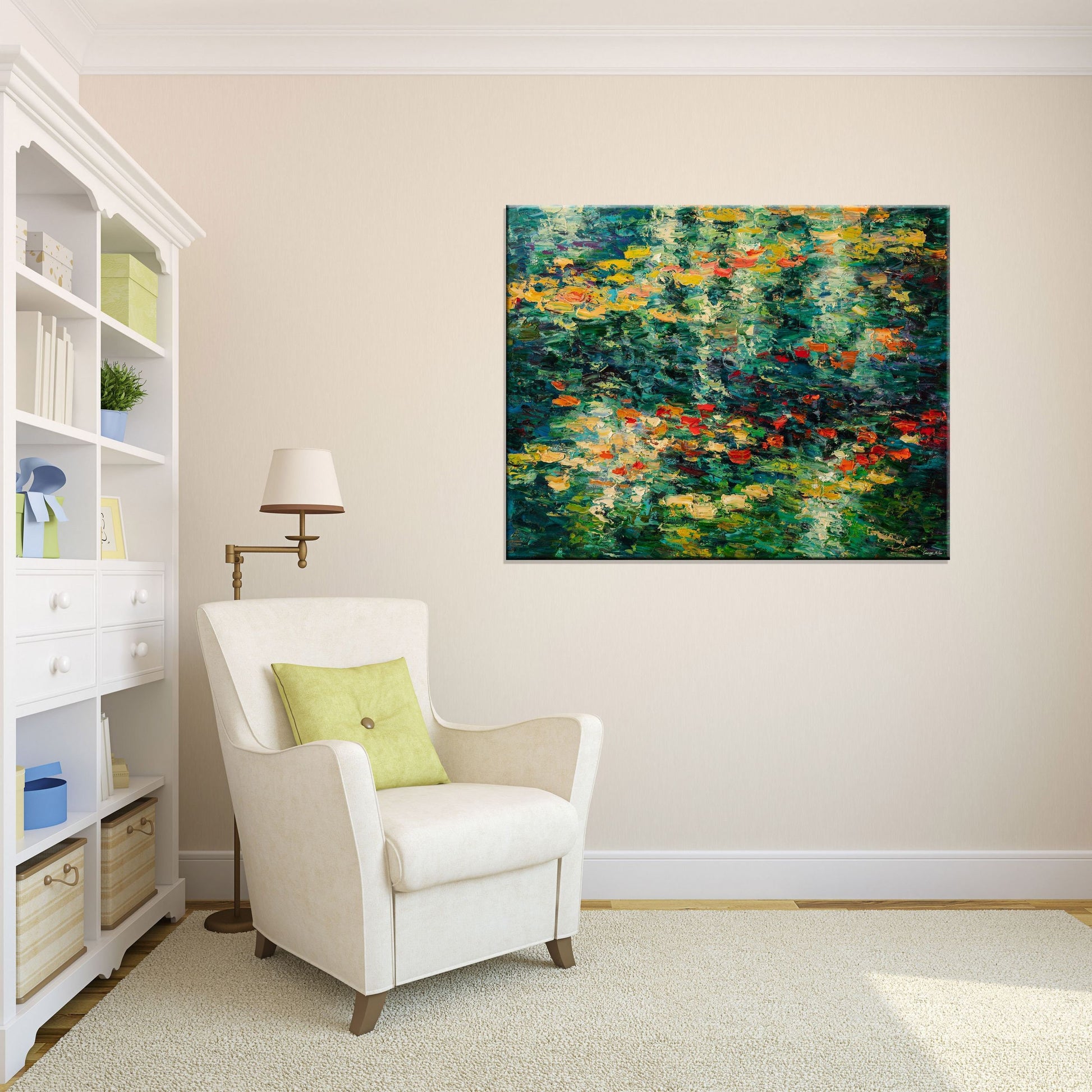 Experience the serenity of nature with Original Oil Painting Pond with Waterlilies by George Miller