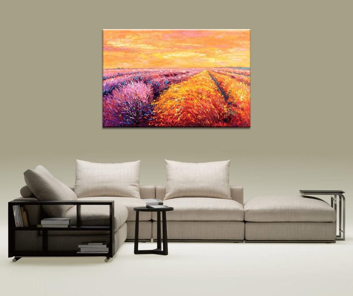 Oil Painting Landscape Provence Lavender Fields Sunrise, Oil On Canvas Painting, Large Canvas Art, Hand Painted, Modern Wall Art, Textured