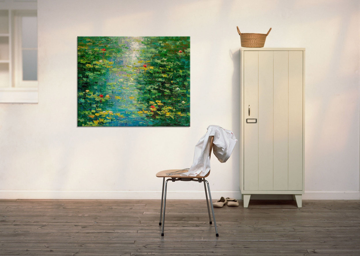 Experience the beauty of Spring with this Large Wall Art Oil Painting of Waterlilies Pond by George Miller, a colorful addition to any room