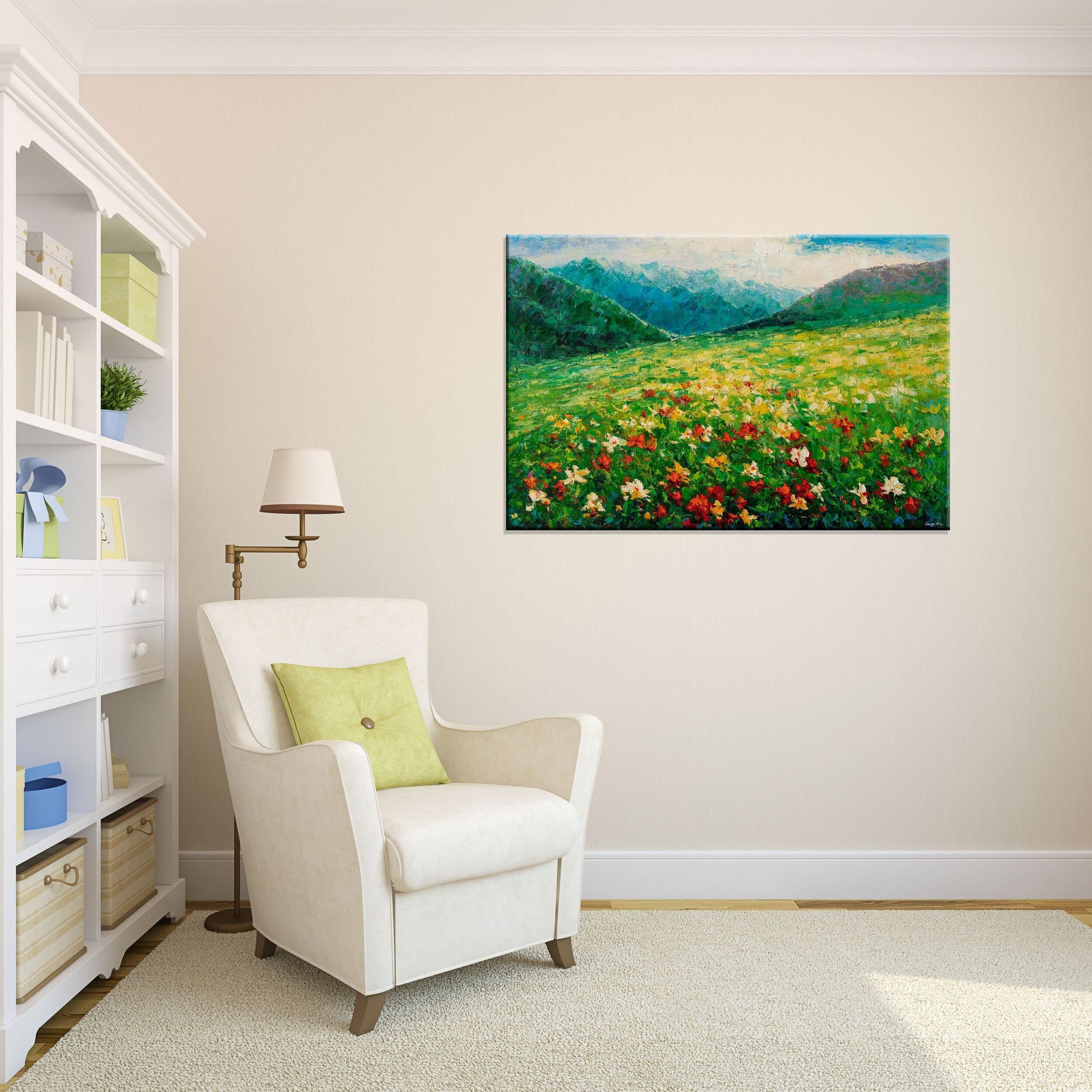 Ready to Hang Canvas Art: George Miller's Impasto Oil Painting of Spring Fields - Original Landscape Oil Paintings, Modern Painting