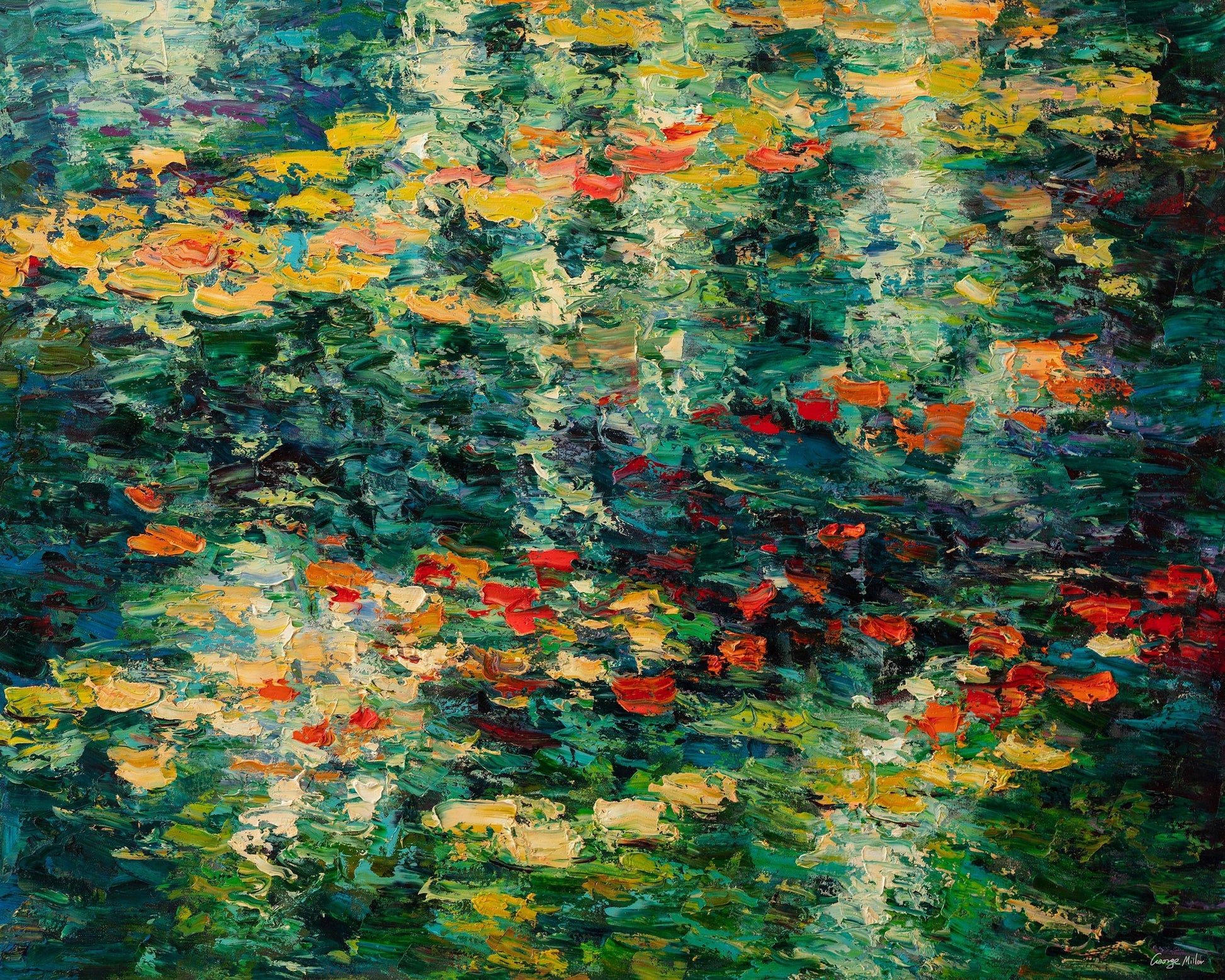 Experience the serenity of nature with Original Oil Painting Pond with Waterlilies by George Miller
