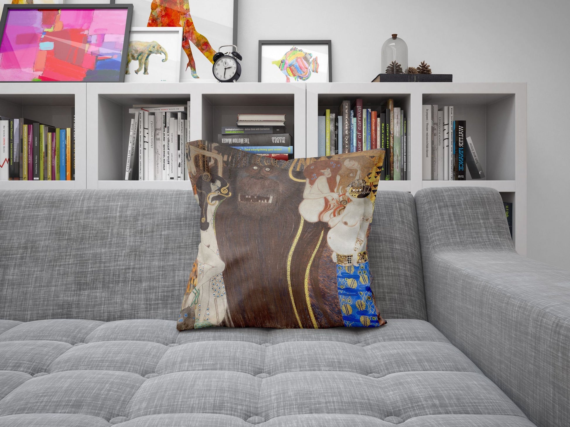 Gustav Klimt Famous Art Beethoven Frieze The Hostile Powers Abstract Throw Pillow Cover, Soft Pillow Cases, Gold, Contemporary Pillow