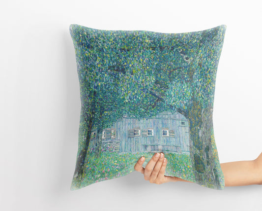 Gustav Klimt Famous Art Farmhouse In Buchberg, Abstract Throw Pillow, Soft Pillow Cases, Green Pillow Cases, Contemporary Pillow, Square