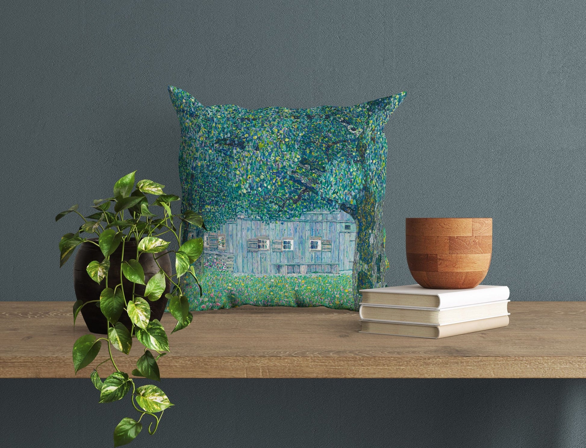 Gustav Klimt Famous Art Farmhouse In Buchberg, Abstract Throw Pillow, Soft Pillow Cases, Green Pillow Cases, Contemporary Pillow, Square
