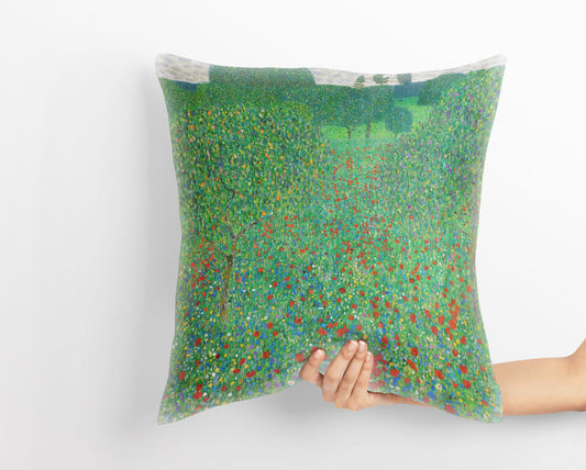 Gustav Klimt Famous Painting Flowering Poppies Throw Pillow Cover Abstract, Designer Pillow, Green Pillow Cases, Farmhouse Pillow