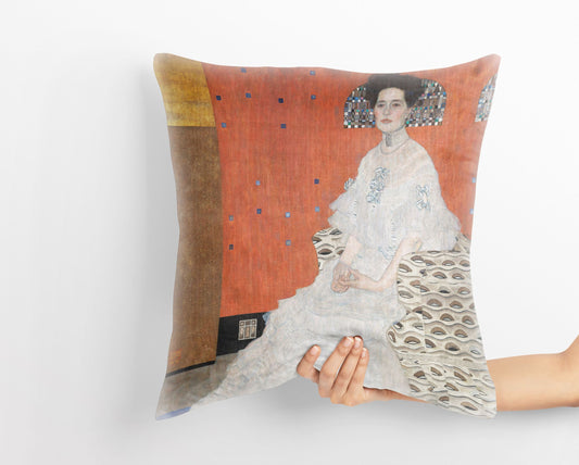 Gustav Klimt Famous Art Fritza Riedler Toss Pillow, Abstract Pillow, Art Pillow, Red Pillow Cases, Art Nouveau Pillow, 18 X 18 Pillow Covers