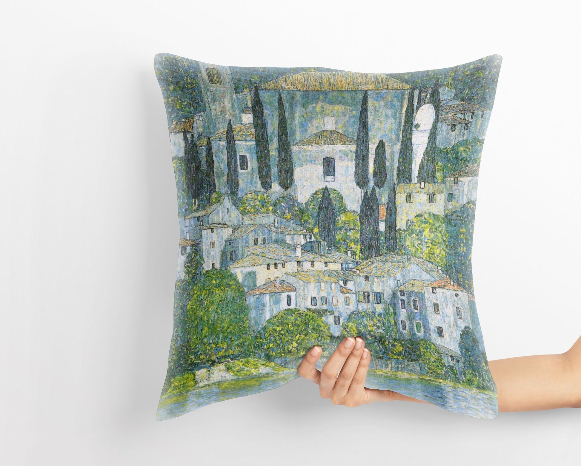Gustav Klimt Famous Painting Kirche In Cassone, Decorative Pillow, Abstract Pillow, Designer Pillow, Green Pillow Cases, Modern Pillow