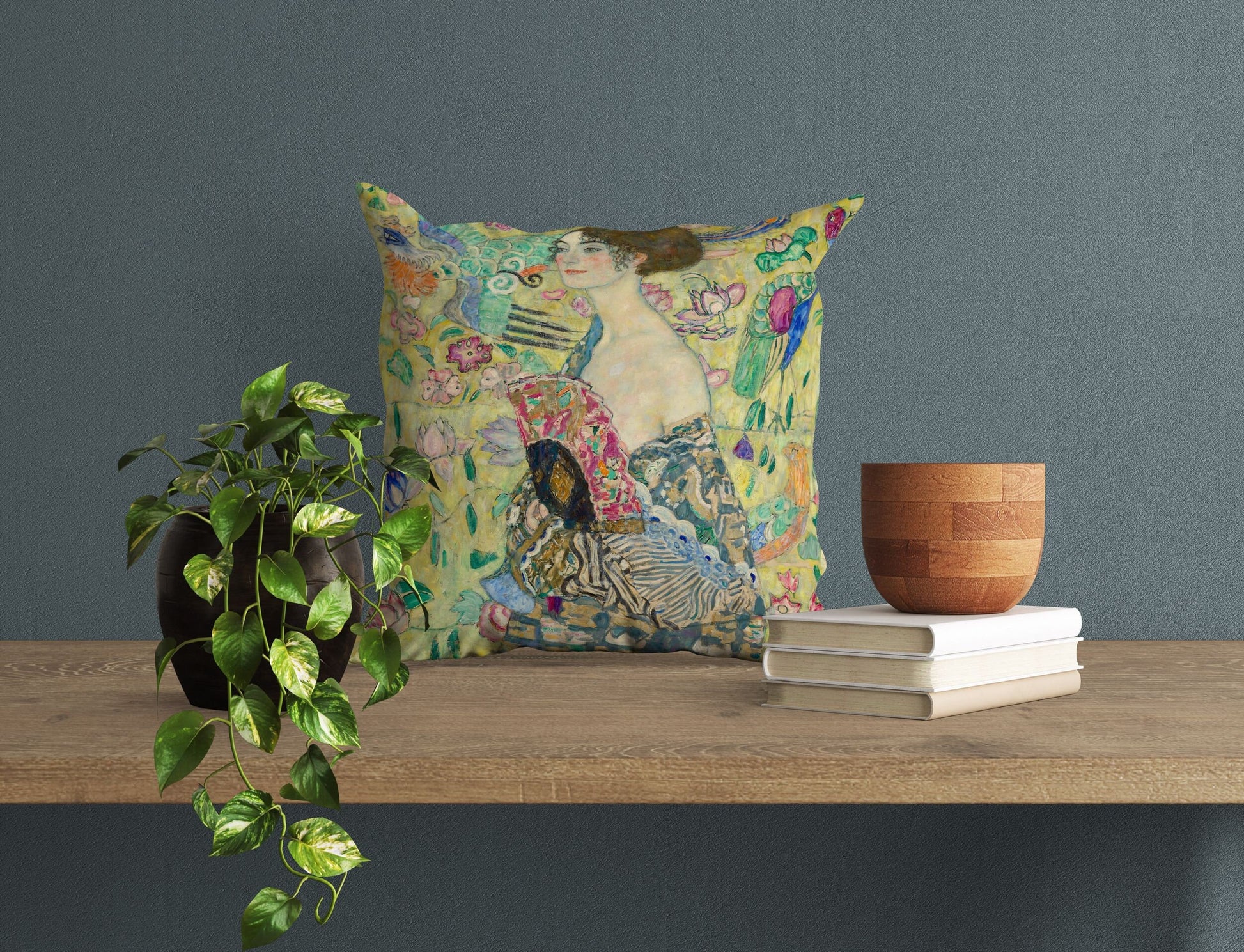 Gustav Klimt Famous Painting Lady With Fan, Tapestry Pillows, Abstract Throw Pillow, Designer Pillow, Green Pillow Cases, Modern Pillow