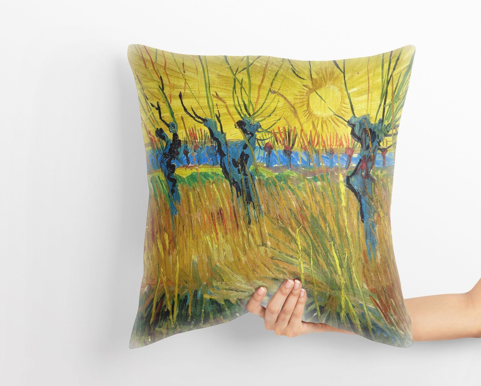 Vincent Van Gogh Famous Art Pollard Willows With Setting Sun Decorative Pillow, Abstract Throw Pillow, Designer Pillow, Bright Yellow Pillow