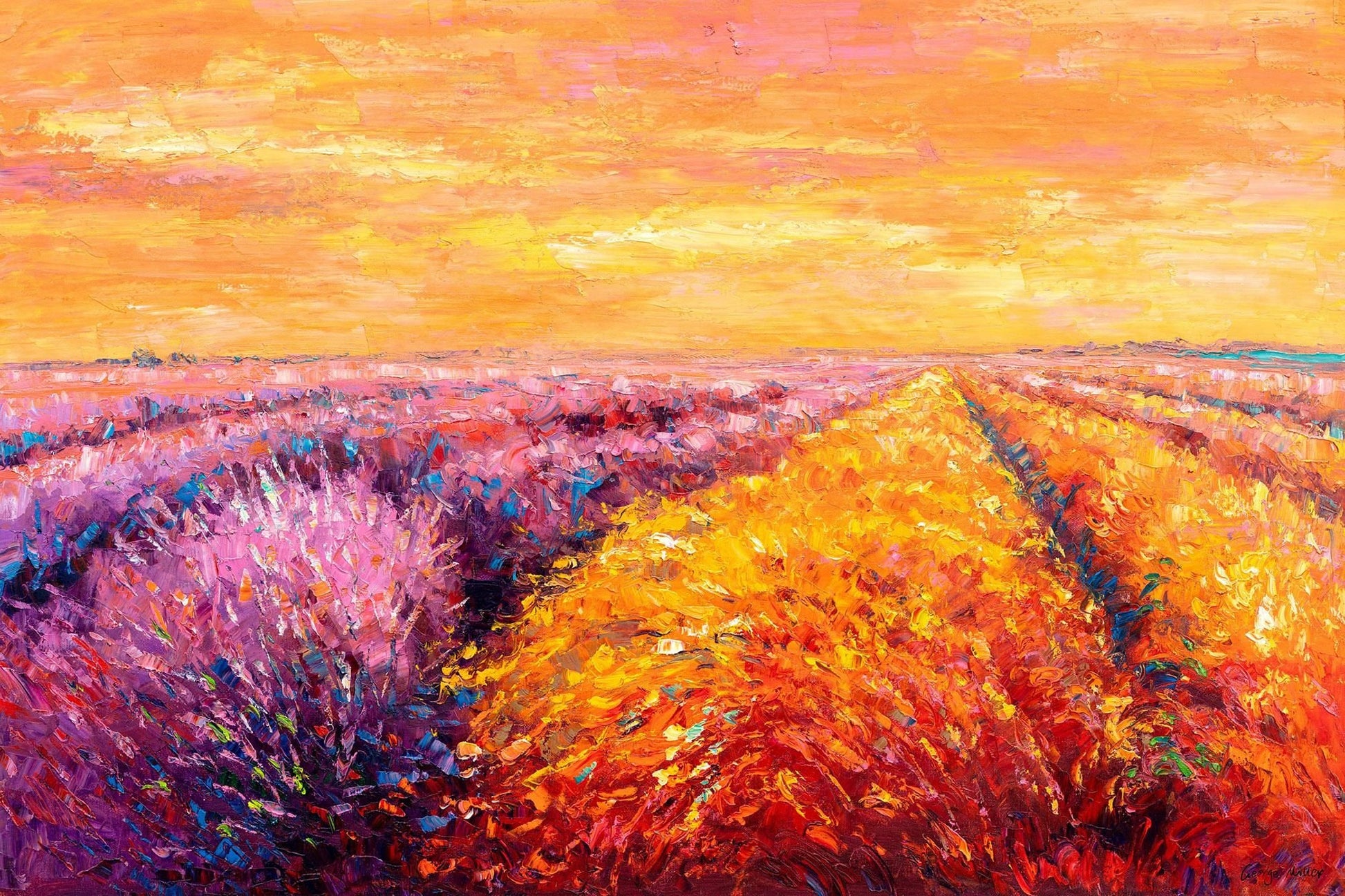 Oil Painting Landscape Provence Lavender Fields Sunrise, Oil On Canvas Painting, Large Canvas Art, Hand Painted, Modern Wall Art, Textured