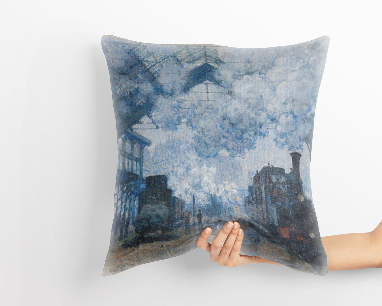 Claude Monet Famous Painting The Gare Saint-Lazare, Artist Pillow, Blue Abstract Pillow, Modern Pillow, Large Pillow Cases Housewarming Gift