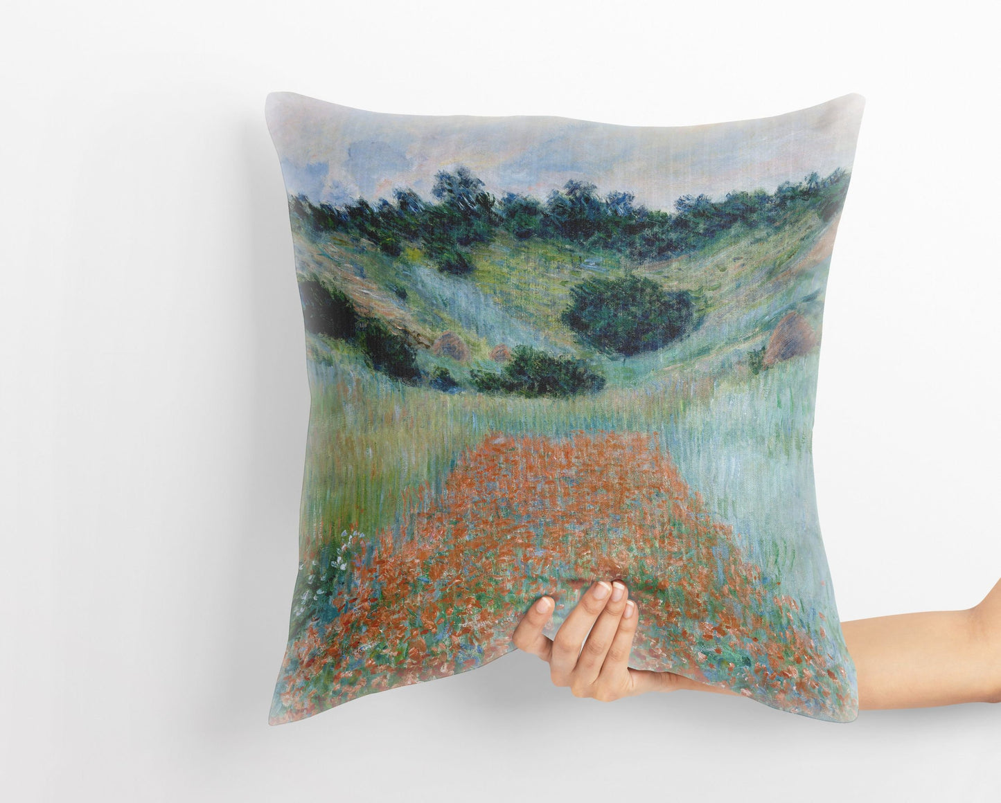 Claude Monet Famous Painting Field in a Hollow near Giverny, Pillow Case Abstract Pillow, Art Pillow, Red And Green, 18 X 18 Pillow Covers