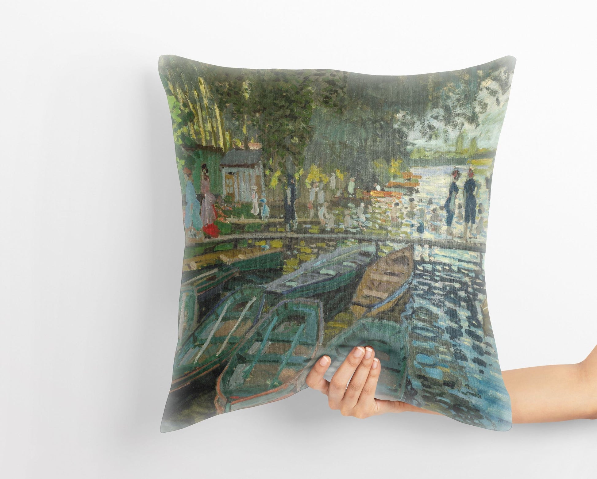 Claude Monet Famous Painting Bathers At La Grenouillere, Pillow Case, Abstract Throw Pillow, Artist Pillow, Green Pillow Cases Modern Pillow