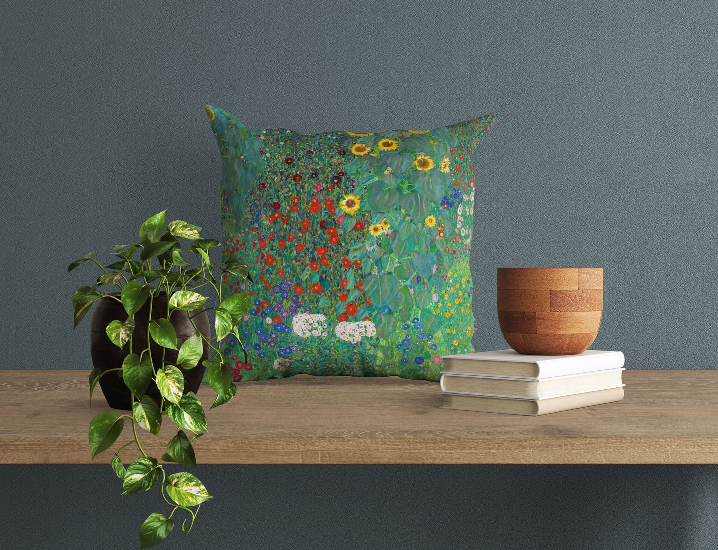 Gustav Klimt Famous Art Farm Garden With Sunflowers Throw Pillow Cover, Art Pillow, Green Pillow Cases, Art Nouveau Pillow, Square Pillow