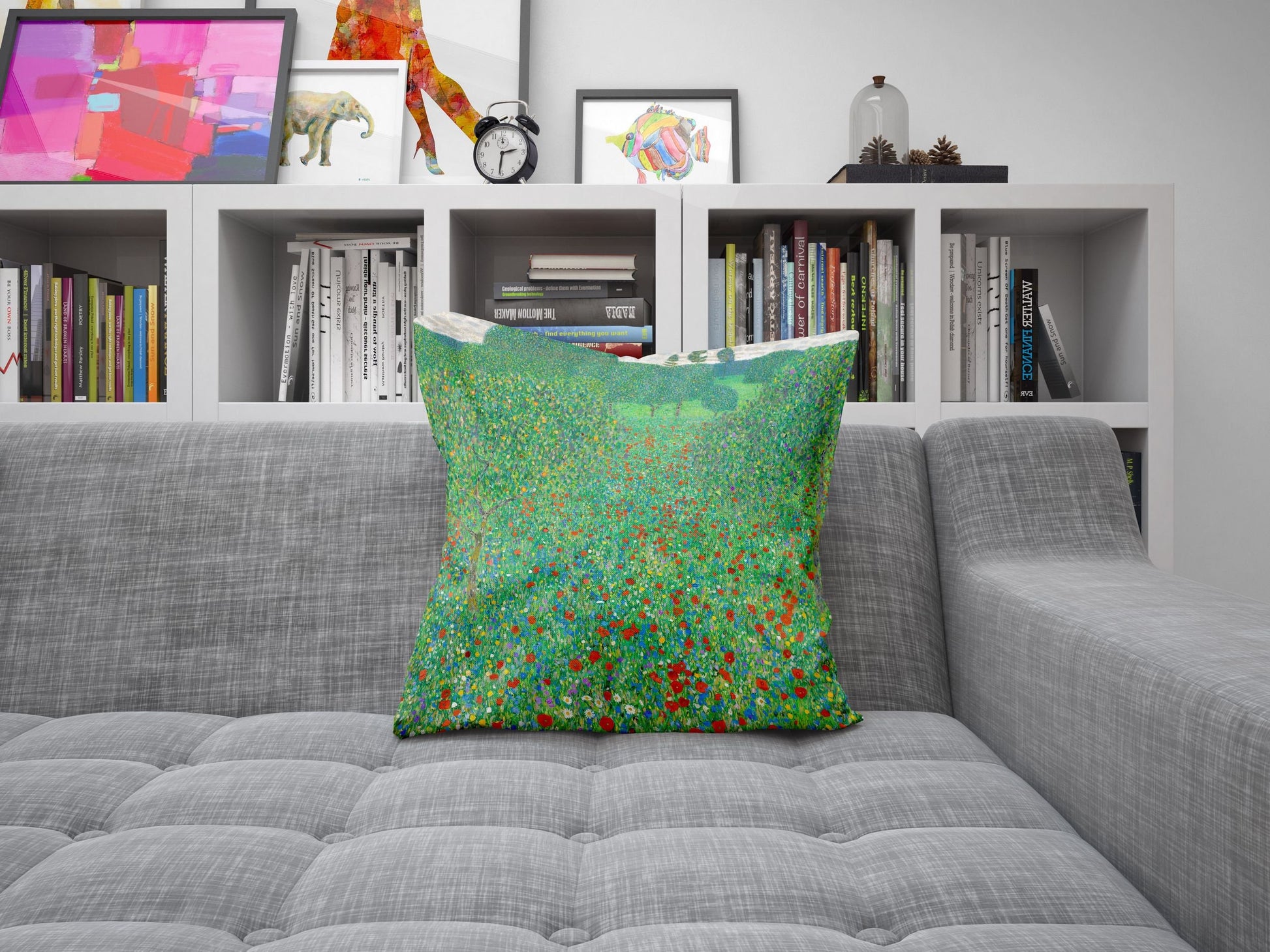 Gustav Klimt Famous Painting Flowering Poppies Throw Pillow Cover Abstract, Designer Pillow, Green Pillow Cases, Farmhouse Pillow