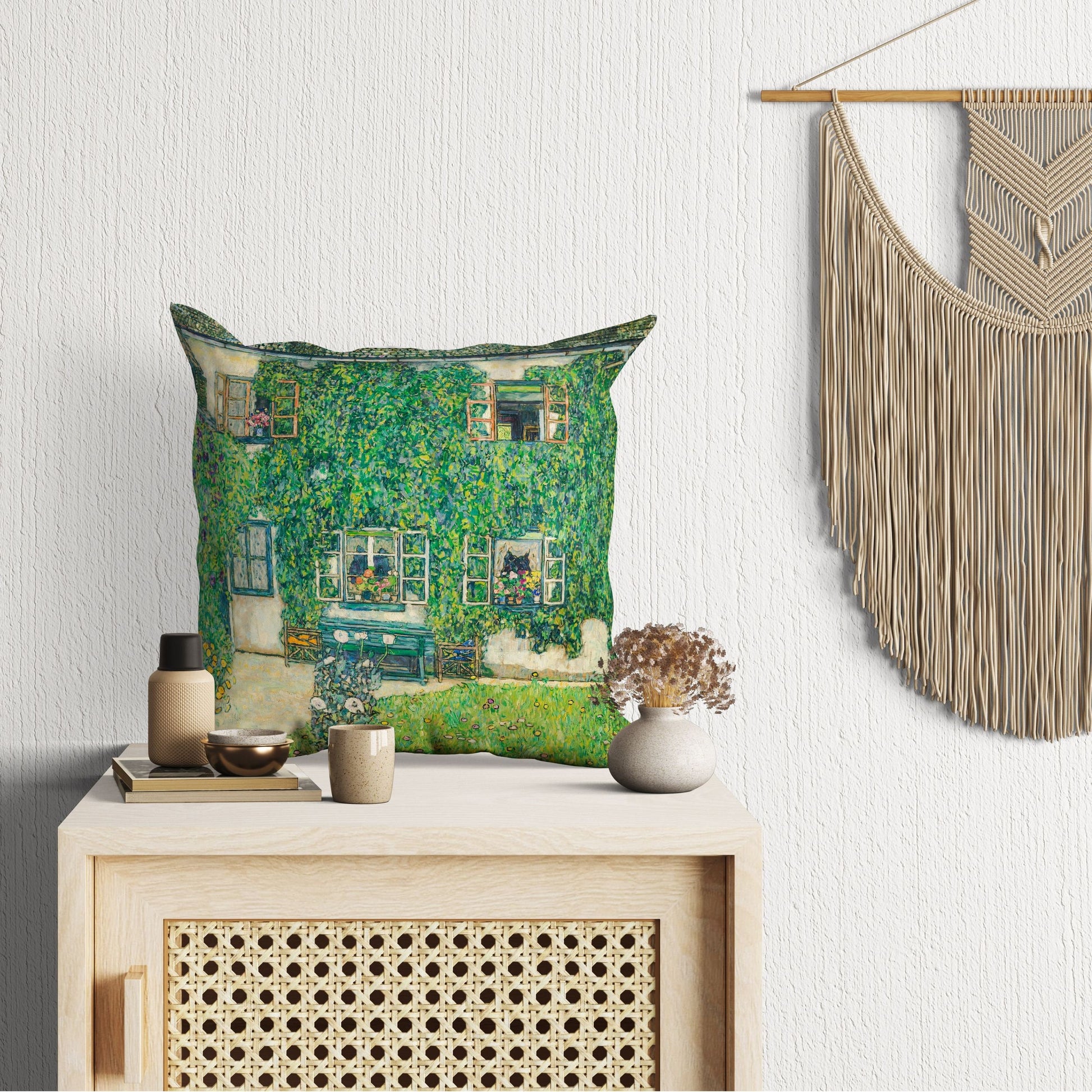 Gustav Klimt Famous Painting Forester'S House In Weissenbach II Throw Pillow Cover, Abstract Throw Pillow Cover, Artist Pillow, Green Pillow