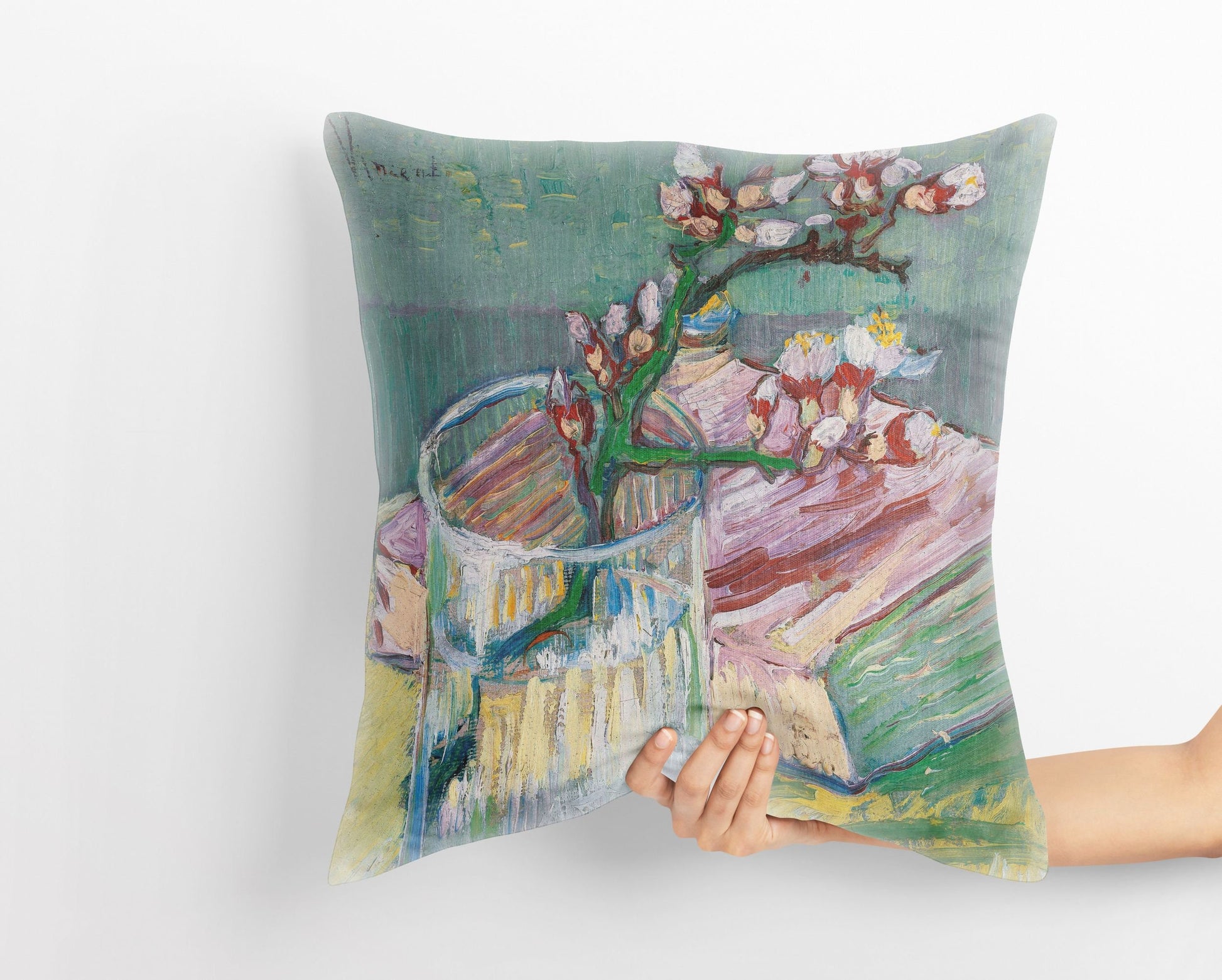 Vincent Van Gogh Famous Art Blossoming Almond Branch In A Glass With A Book, Throw Pillow, Designer Pillow,22X22 Pillow Cover