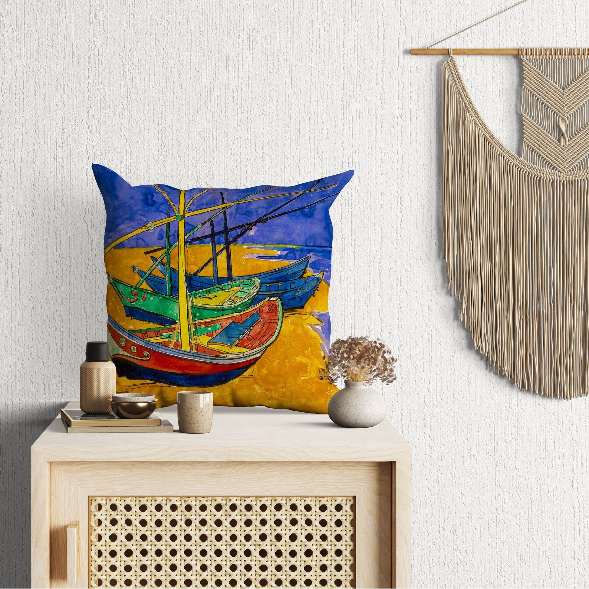 Vincent Van Gogh Famous Art fishing Boats On The Beach, Throw Pillow Cover, Abstract Throw Pillow, Soft Pillow Cases, Blue And Yellow