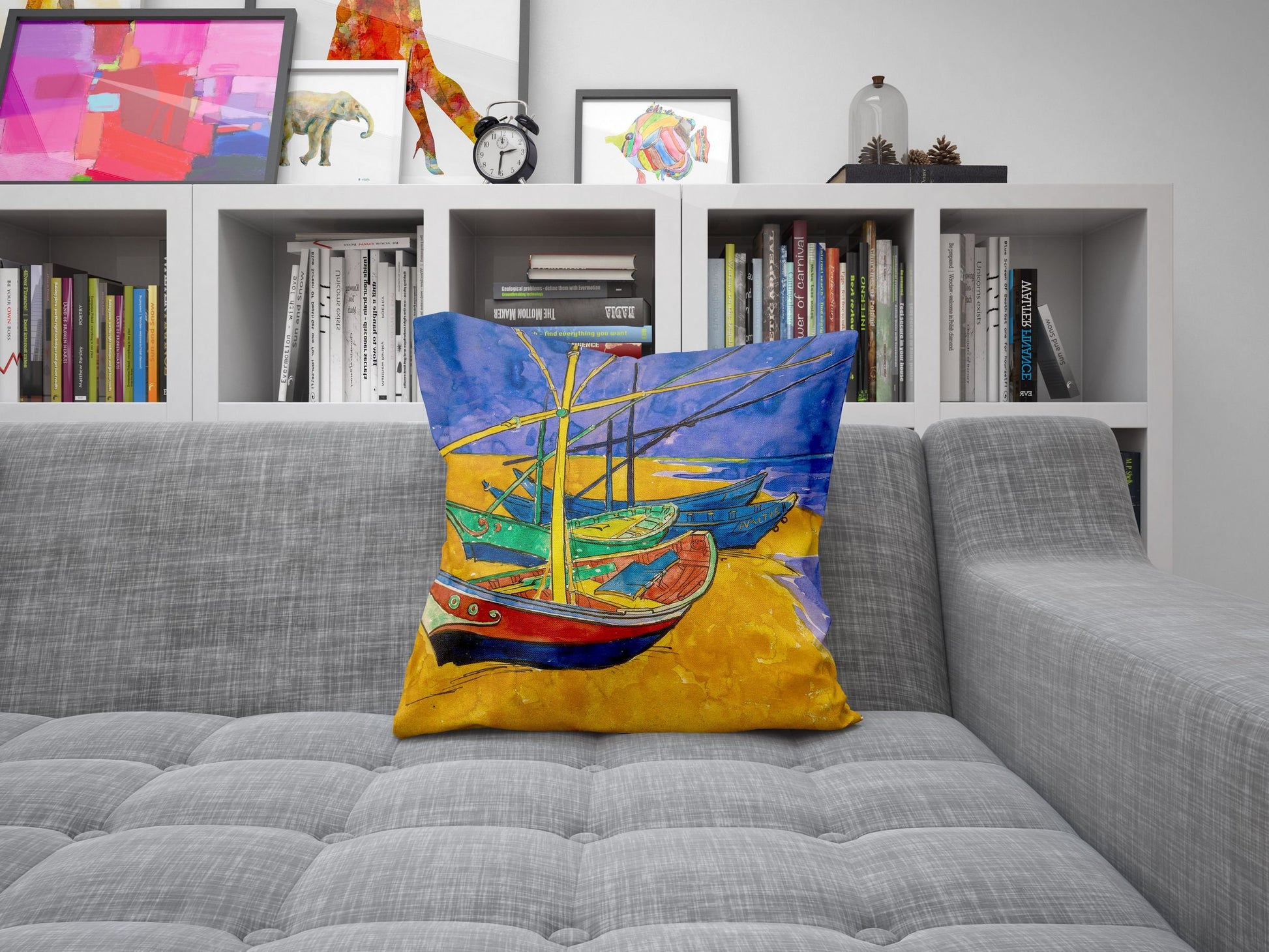 Vincent Van Gogh Famous Art fishing Boats On The Beach, Throw Pillow Cover, Abstract Throw Pillow, Soft Pillow Cases, Blue And Yellow