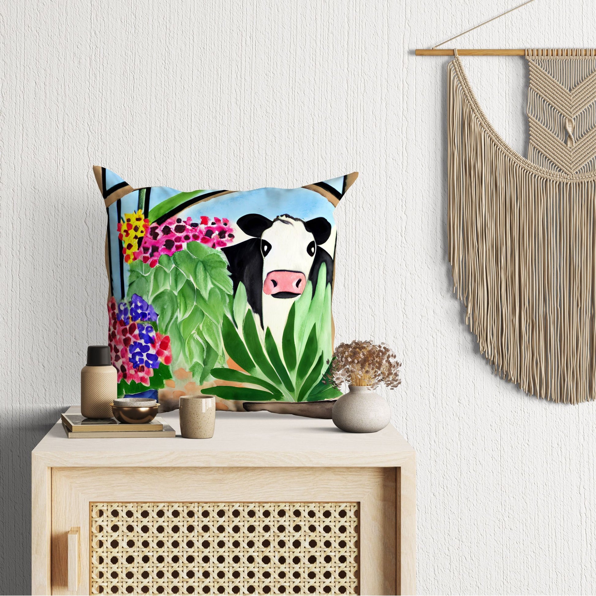 Cow With Flowers Matisse Style throw Pillow Cover, Abstract Throw Pillow, Designer Pillow, Modern Pillow, 20X20 Pillow Cover