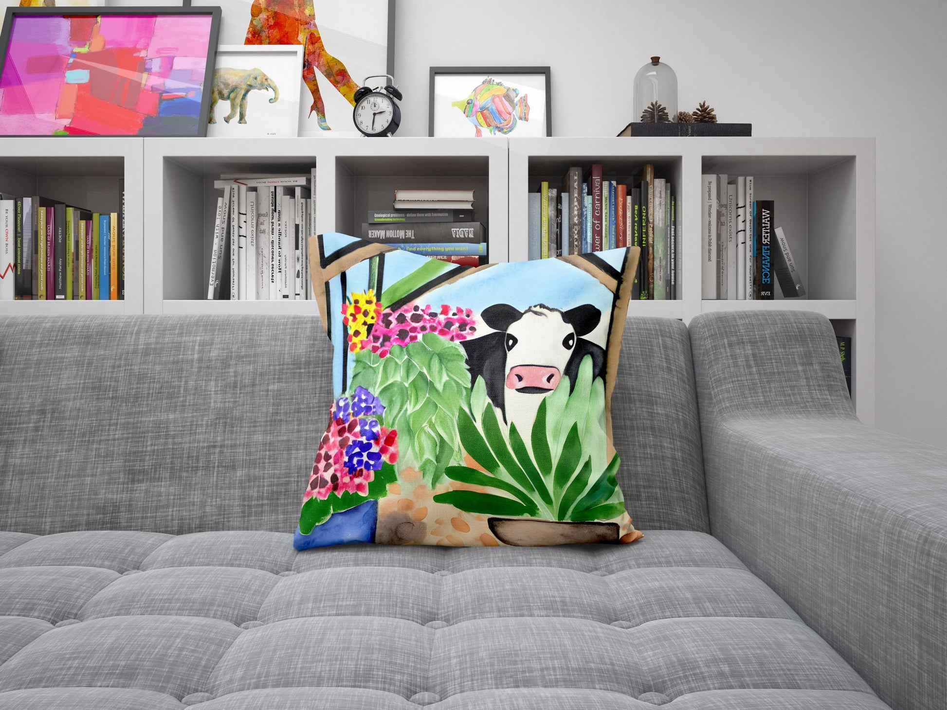 Cow With Flowers Matisse Style throw Pillow Cover, Abstract Throw Pillow, Designer Pillow, Modern Pillow, 20X20 Pillow Cover