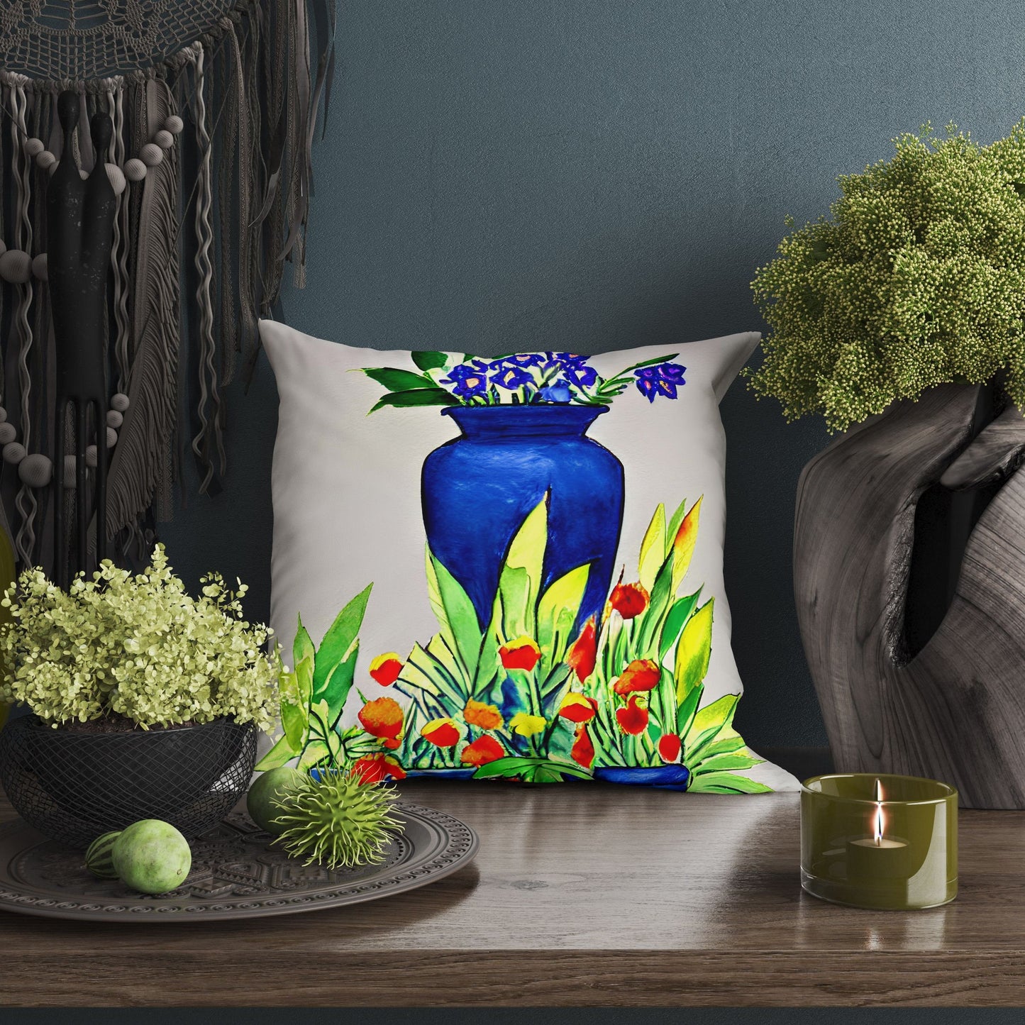 Flowers Matisse Style, Pillow Case, Abstract Throw Pillow, Artist Pillow, Blue Pillow, Fashion, 18 X 18 Pillow Covers, Housewarming Gift