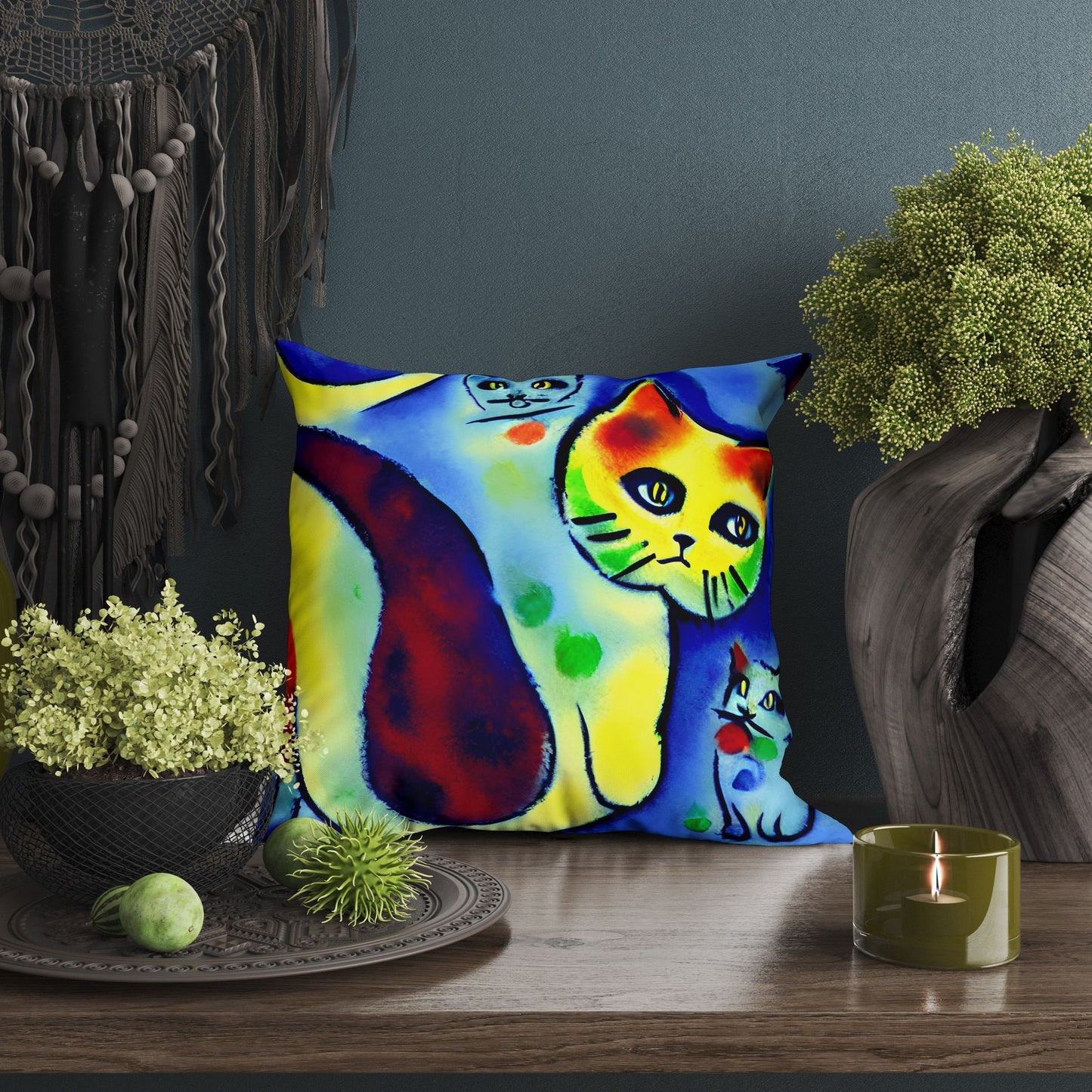 Colorful Cats Throw Pillow Cover, Abstract Throw Pillow, Designer Pillow, Blue Pillow, Contemporary Pillow, 20X20 Pillow Cover