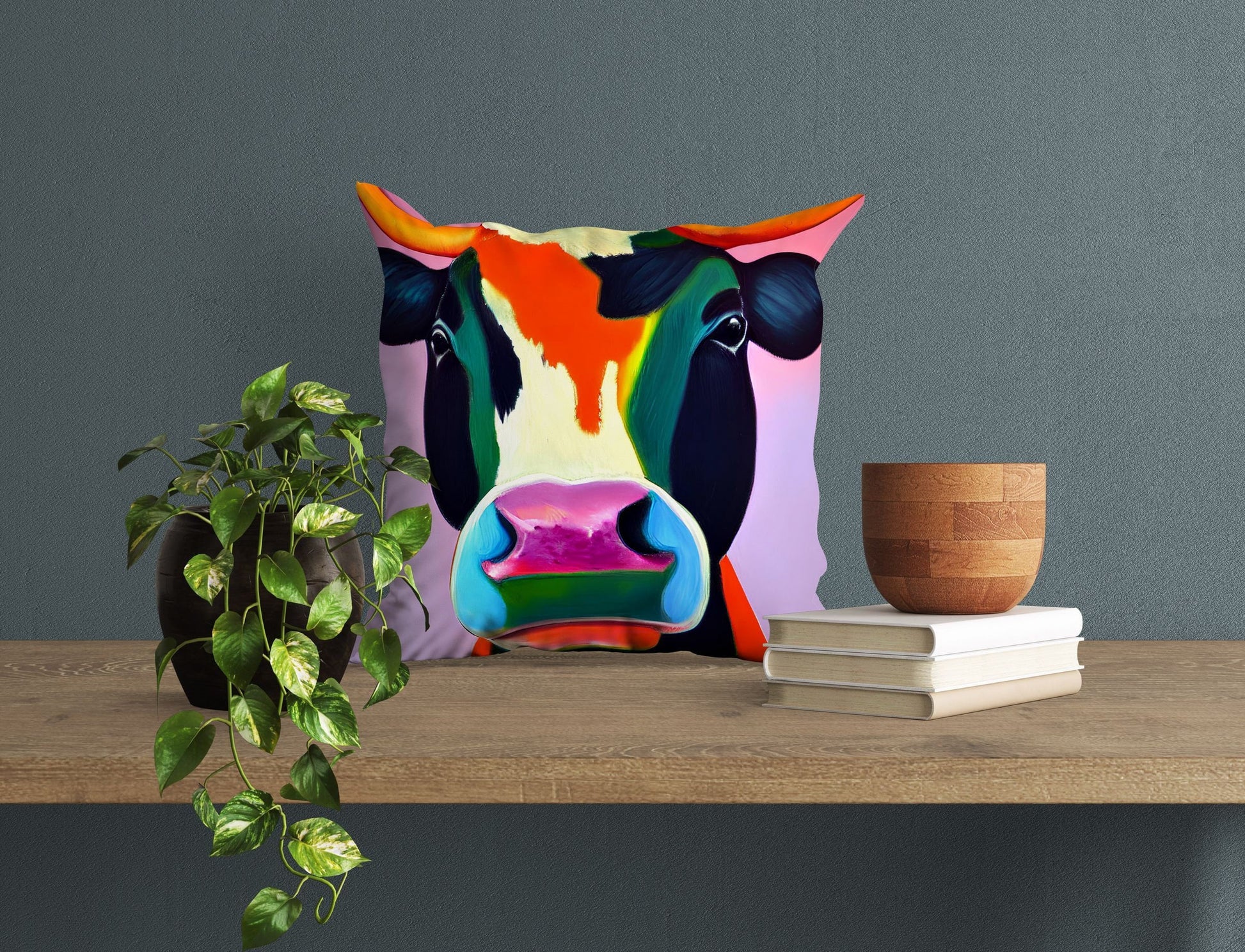 Modern Art Colorful Cow Throw Pillow Cover, Abstract Throw Pillow Cover, Artist Pillow, Blue Pillow, Modern Pillow, Large Pillow Cases