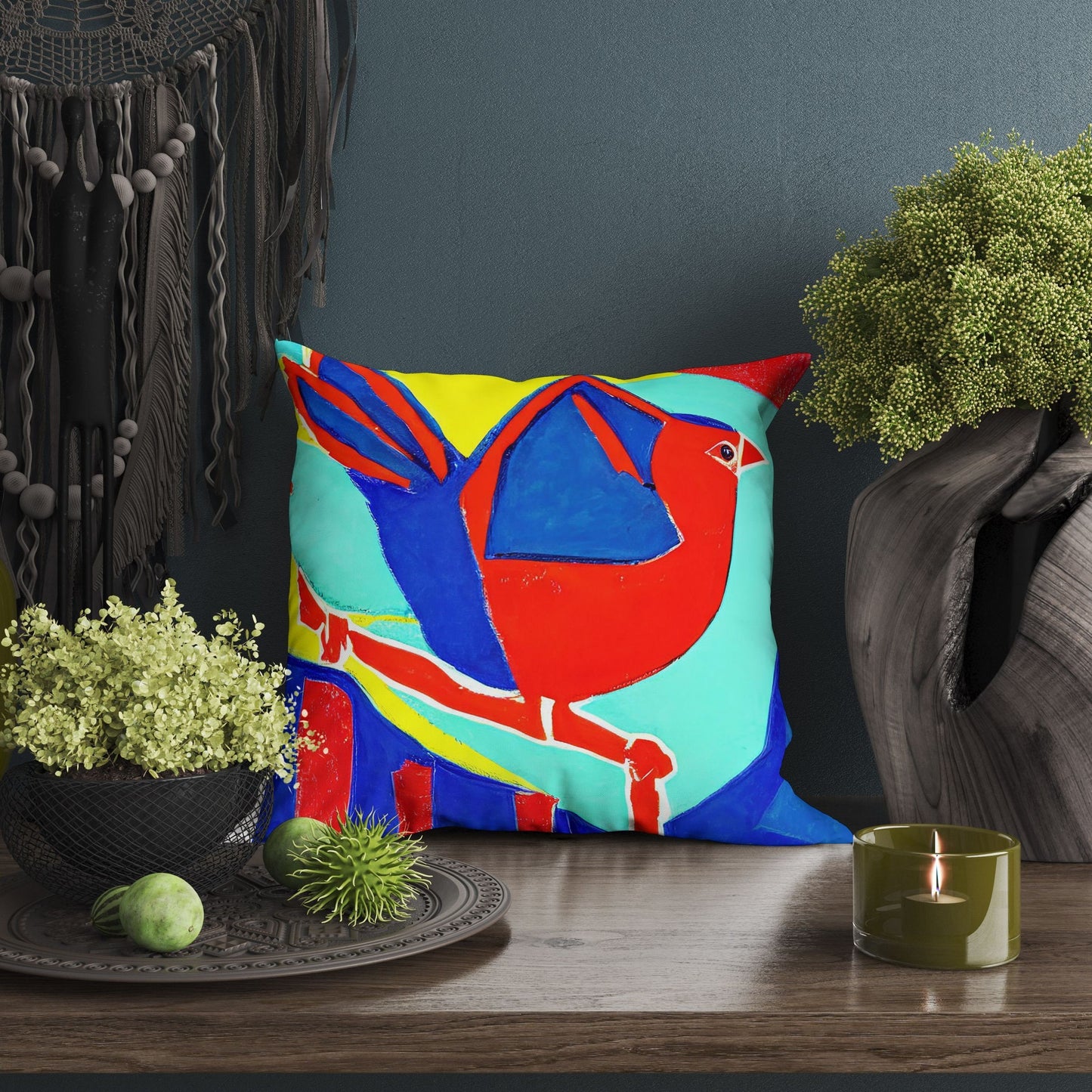 Red Bird Throw Pillow, Abstract Pillow, Artist Pillow, Colorful Pillow Case, Modern Pillow, Square Pillow, Housewarming Gift, Abstract Decor