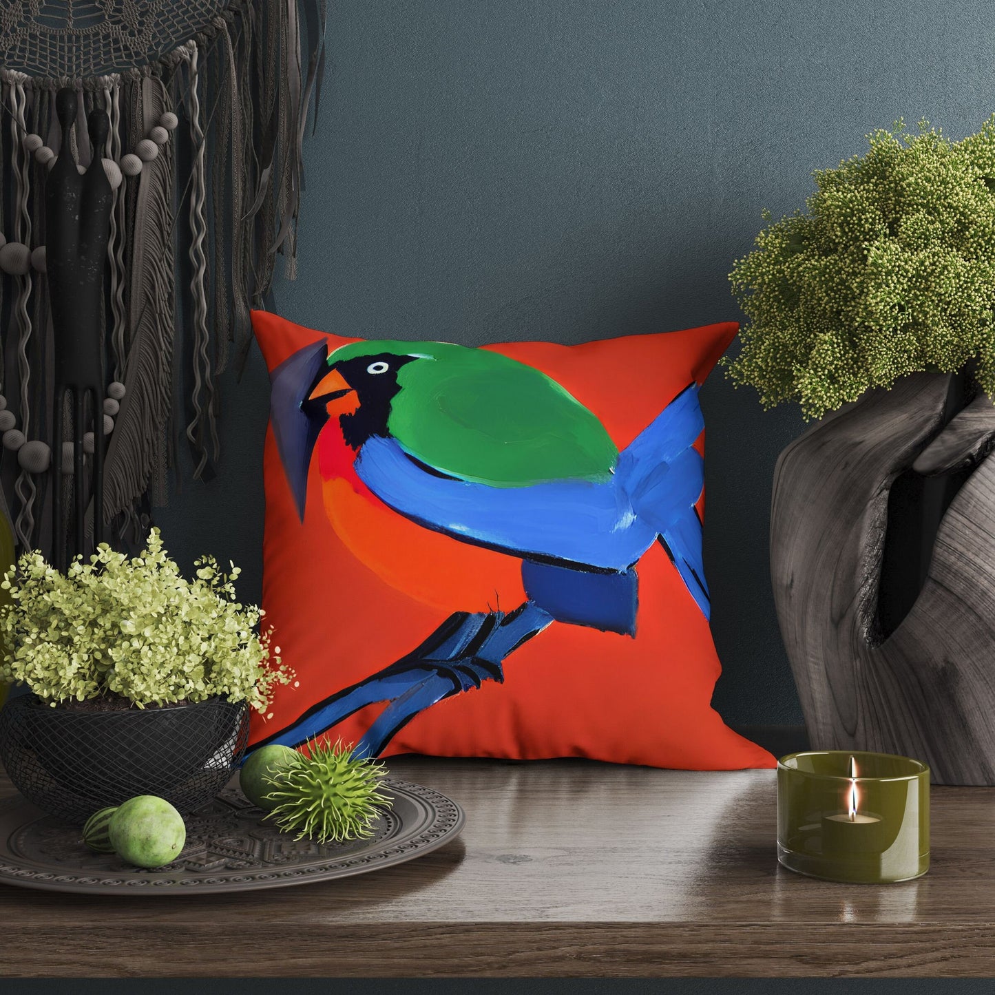 Blue And Green Bird Throw Pillow, Abstract Pillow, Soft Pillow Cases, Colorful Pillow Case, Contemporary Pillow, Square Pillow, Housewarming