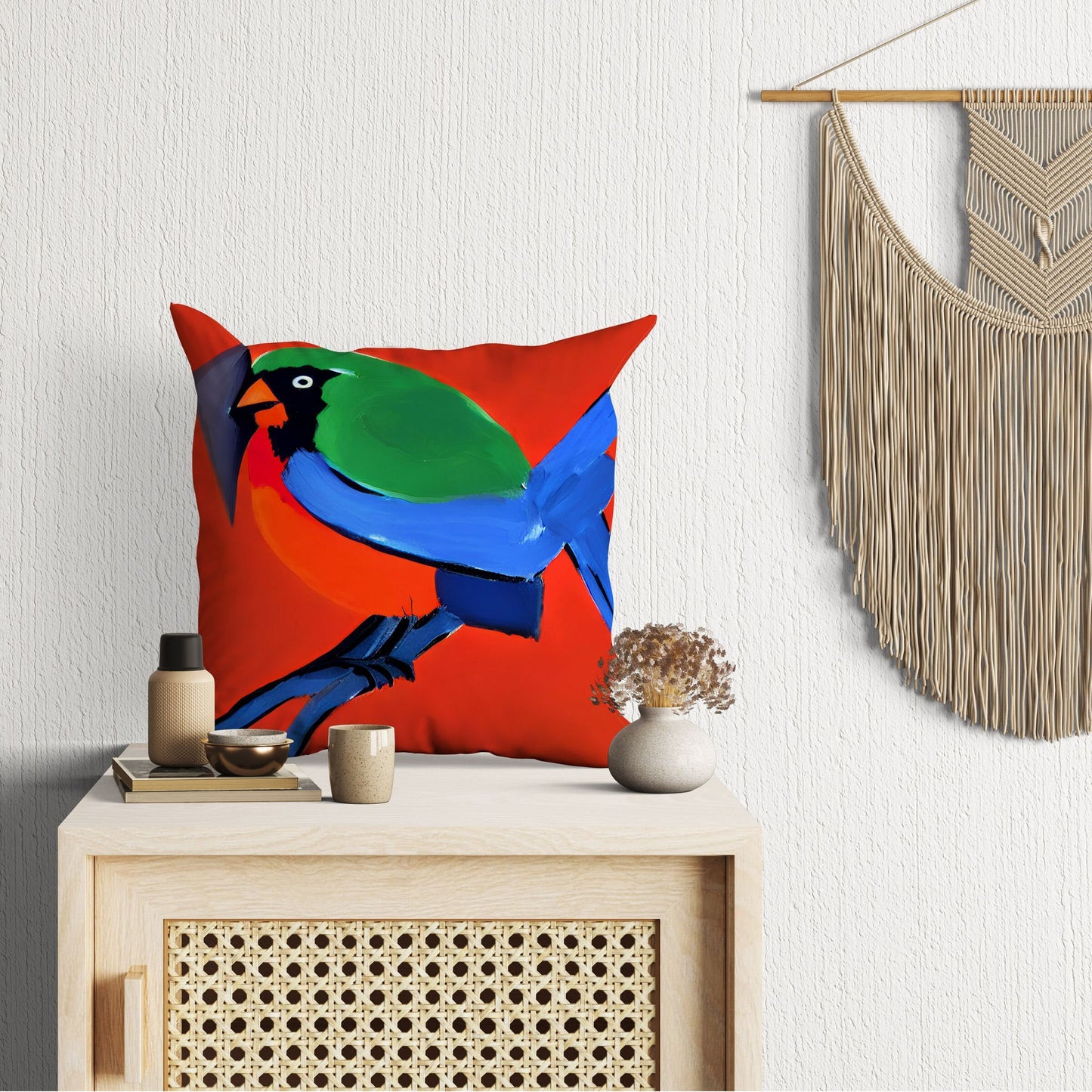 Blue And Green Bird Throw Pillow, Abstract Pillow, Soft Pillow Cases, Colorful Pillow Case, Contemporary Pillow, Square Pillow, Housewarming