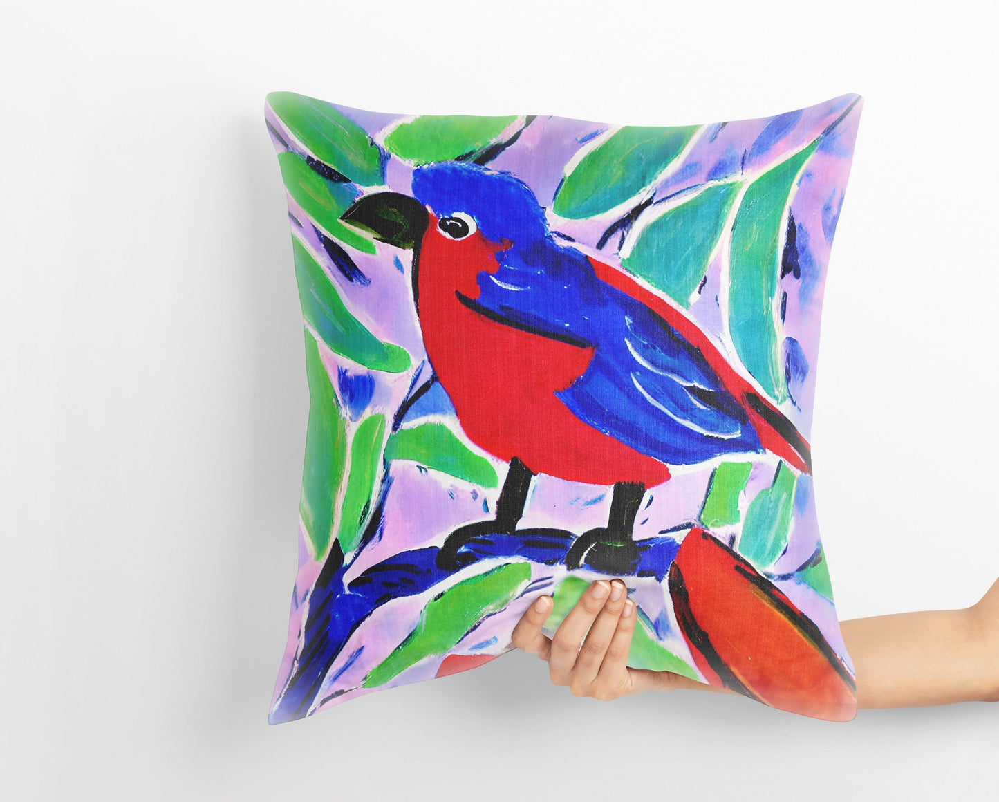 Red And Blue Bird Throw Pillow, Abstract Throw Pillow, Art Pillow, Colorful Pillow Case, Modern Pillow, 20X20 Pillow Cover, Housewarming