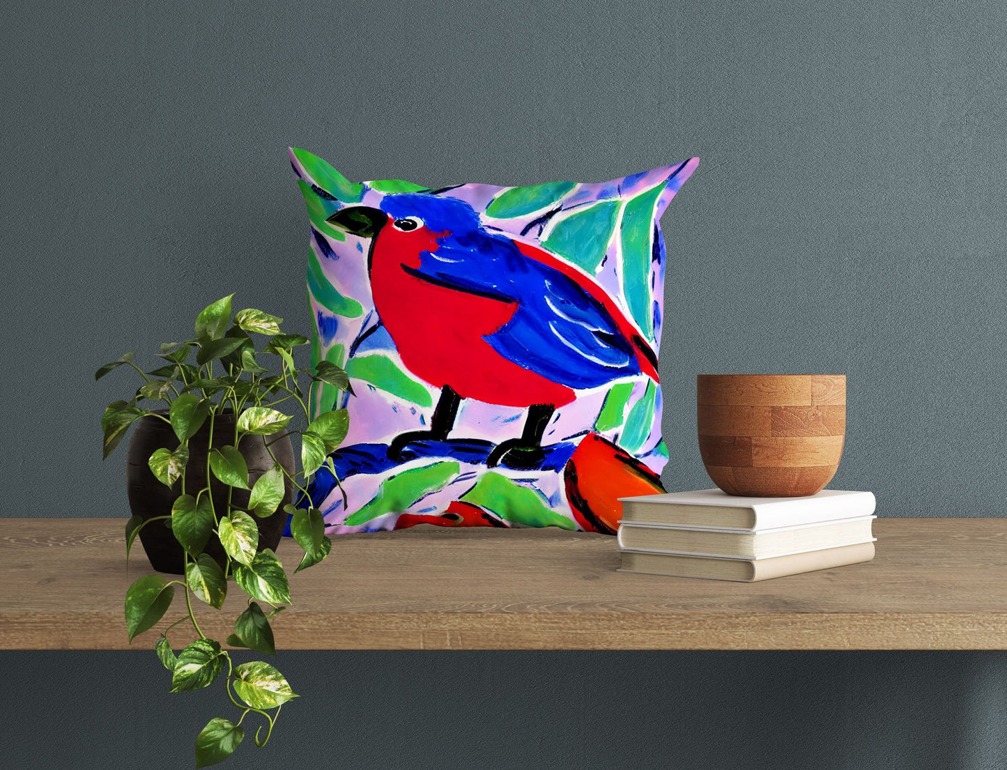 Red And Blue Bird Throw Pillow, Abstract Throw Pillow, Art Pillow, Colorful Pillow Case, Modern Pillow, 20X20 Pillow Cover, Housewarming