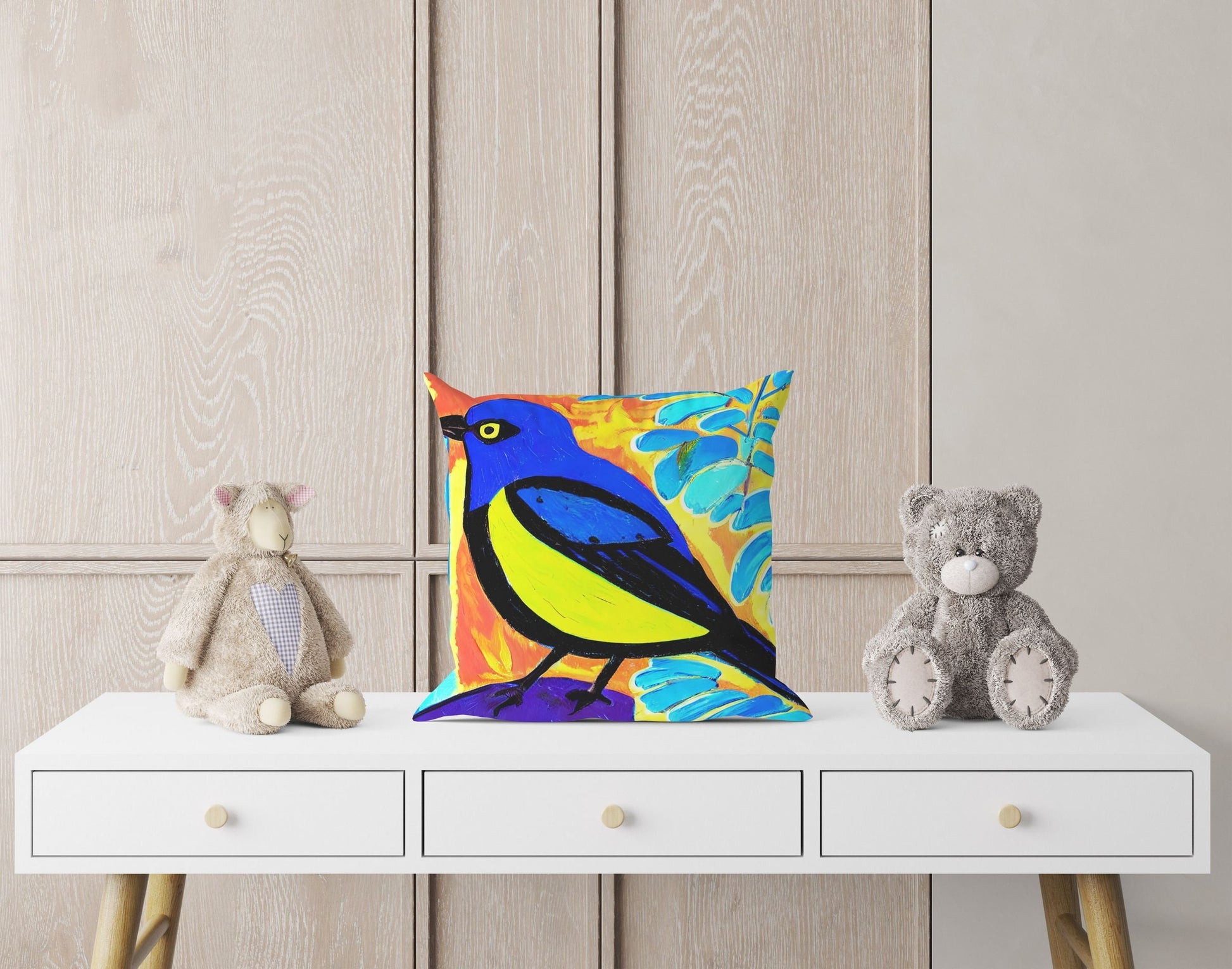 Yellow And Blue Bird Toss Pillow, Abstract Throw Pillow Cover, Artist Pillow, Colorful Pillow Square Pillow, Housewarming Gift, Sofa Pillows