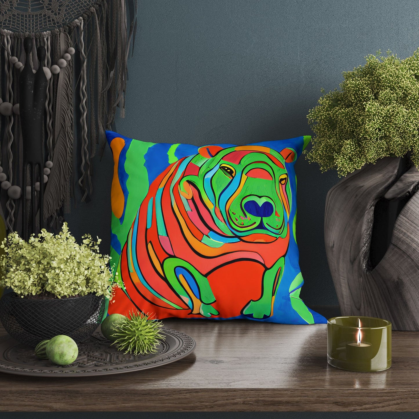 Modern Art African Wildlife Hippopotamu Throw Pillow, Abstract Pillow, Comfortable, Colorful Pillow Case, Modern Pillow, Large Pillow Cases
