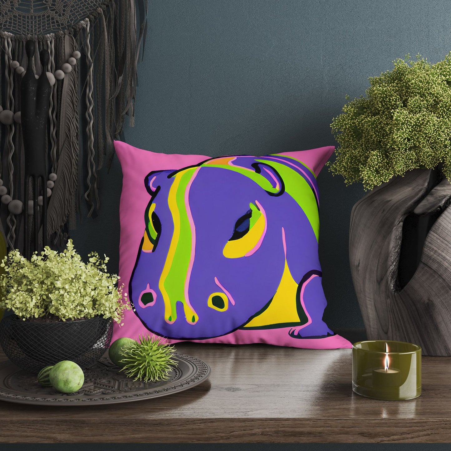 Modern Art African Wildlife Hippopotamu Throw Pillow Cover, Abstract Pillow Case, Designer Pillow, Colorful Pillow Case, Contemporary Pillow