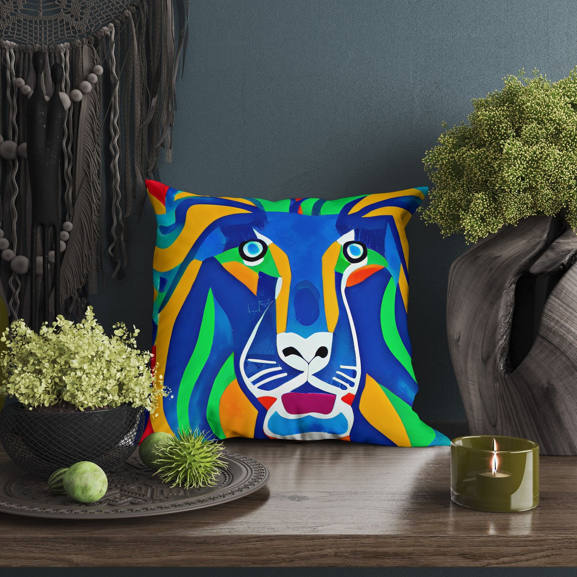 Original Art African Wildlife Lion King Decorative Pillow, Abstract Art Pillow, Artist Pillow, Colorful Pillow Case, Contemporary Pillow
