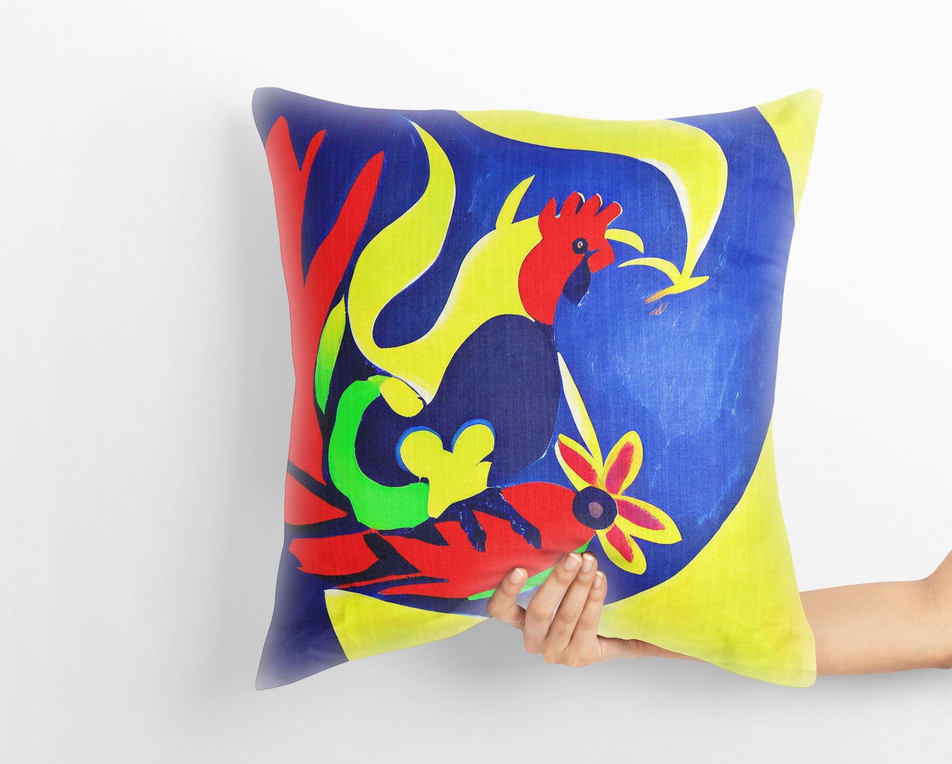 Original Art Rooster Toss Pillow, Abstract Pillow, Artist Pillow, Colorful Pillow Case, 24X24 Pillow Case, Playroom Decor, Holiday Gift