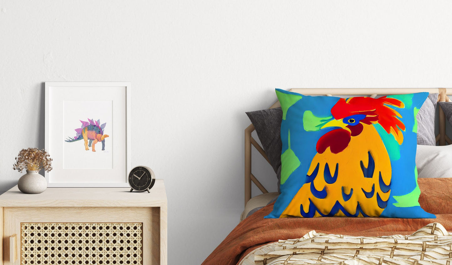 Original Art Rooster, Throw Pillow Cover, Abstract Throw Pillow, Comfortable, Colorful Pillow Case, Contemporary Pillow, 20X20 Pillow Cover