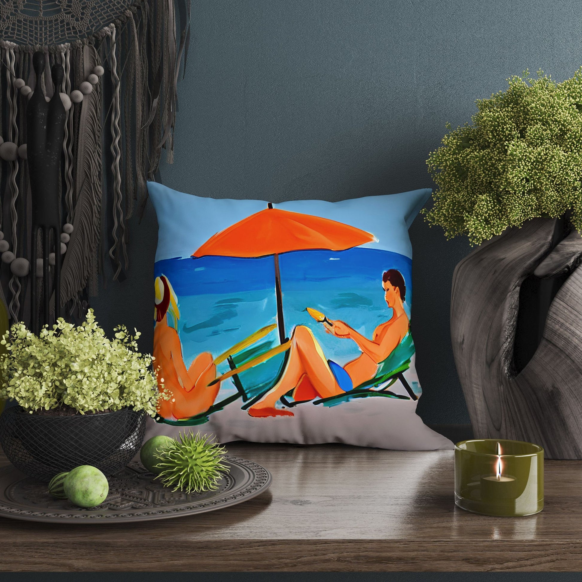 Girls Sunbathing By The Sea Decorative Pillow, Abstract Throw Pillow, Designer Pillow, Colorful Pillow Case, Watercolor Pillow Cases