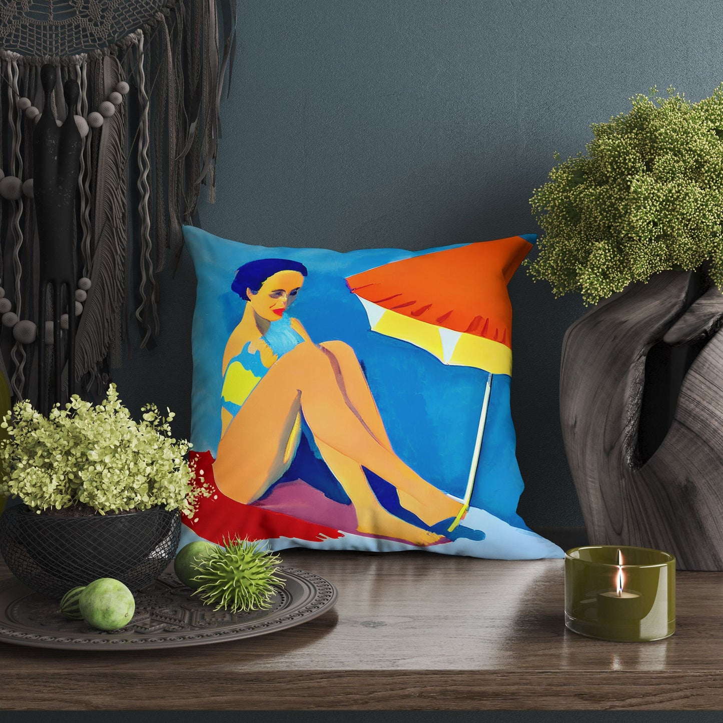 Girl Sunbathing By The Sea Throw Pillow Cover, Abstract Throw Pillow, Designer Pillow, Home Decor Pillow, Abstract Decor