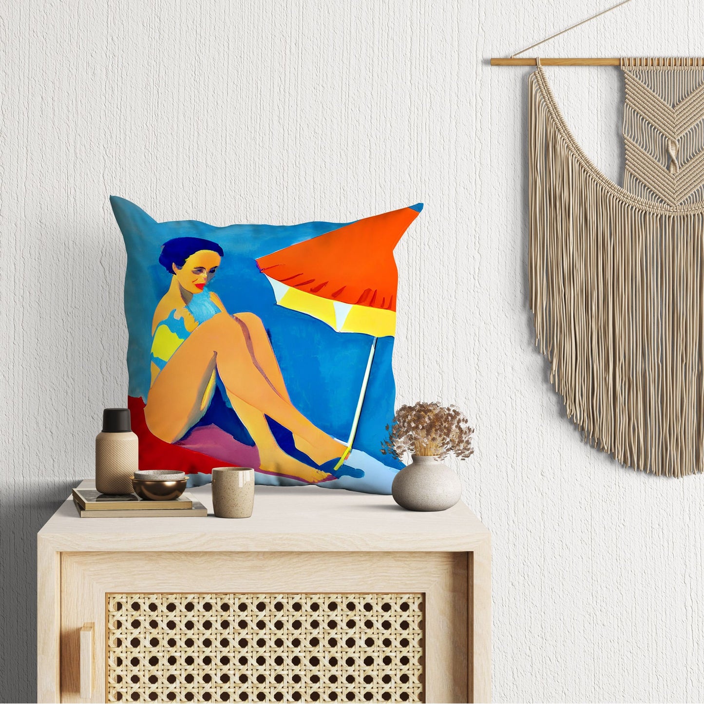 Girl Sunbathing By The Sea Throw Pillow Cover, Abstract Throw Pillow, Designer Pillow, Home Decor Pillow, Abstract Decor