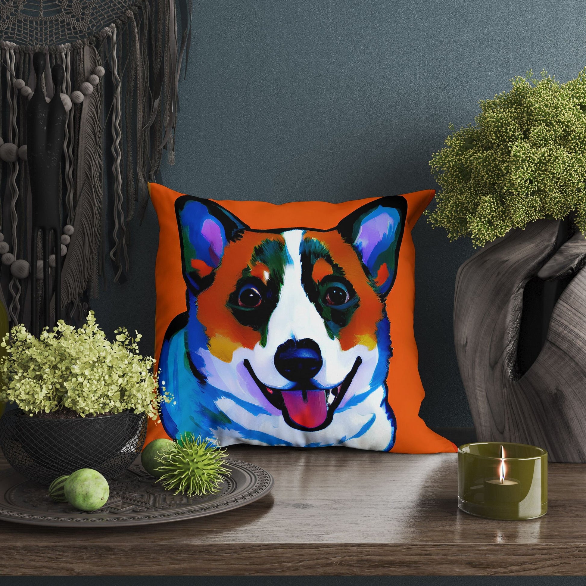 Corgi Dog Original Art Tapestry Pillows, Abstract Art Pillow, Designer Pillow, Square Pillow, Home Decor Pillow, Holiday Gift