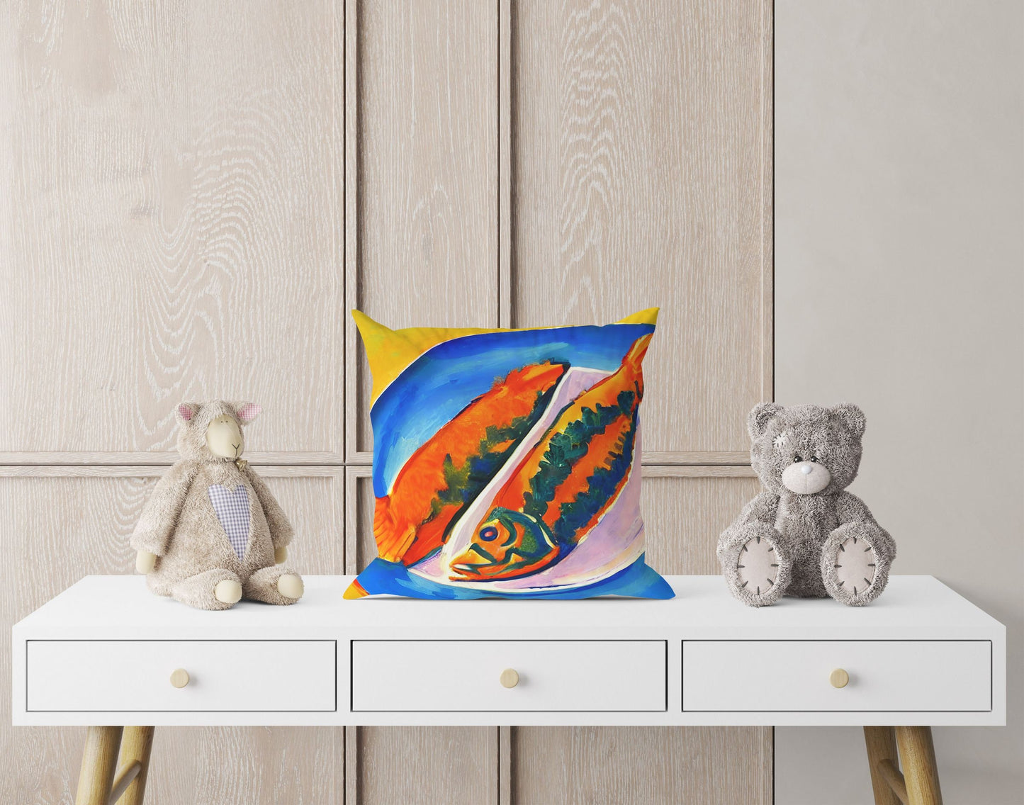 Pan-Fried Fishes Throw Pillow Cover, Abstract Pillow Case, Designer Pillow, Colorful Pillow Case, Housewarming Gift, Nursery Pillow